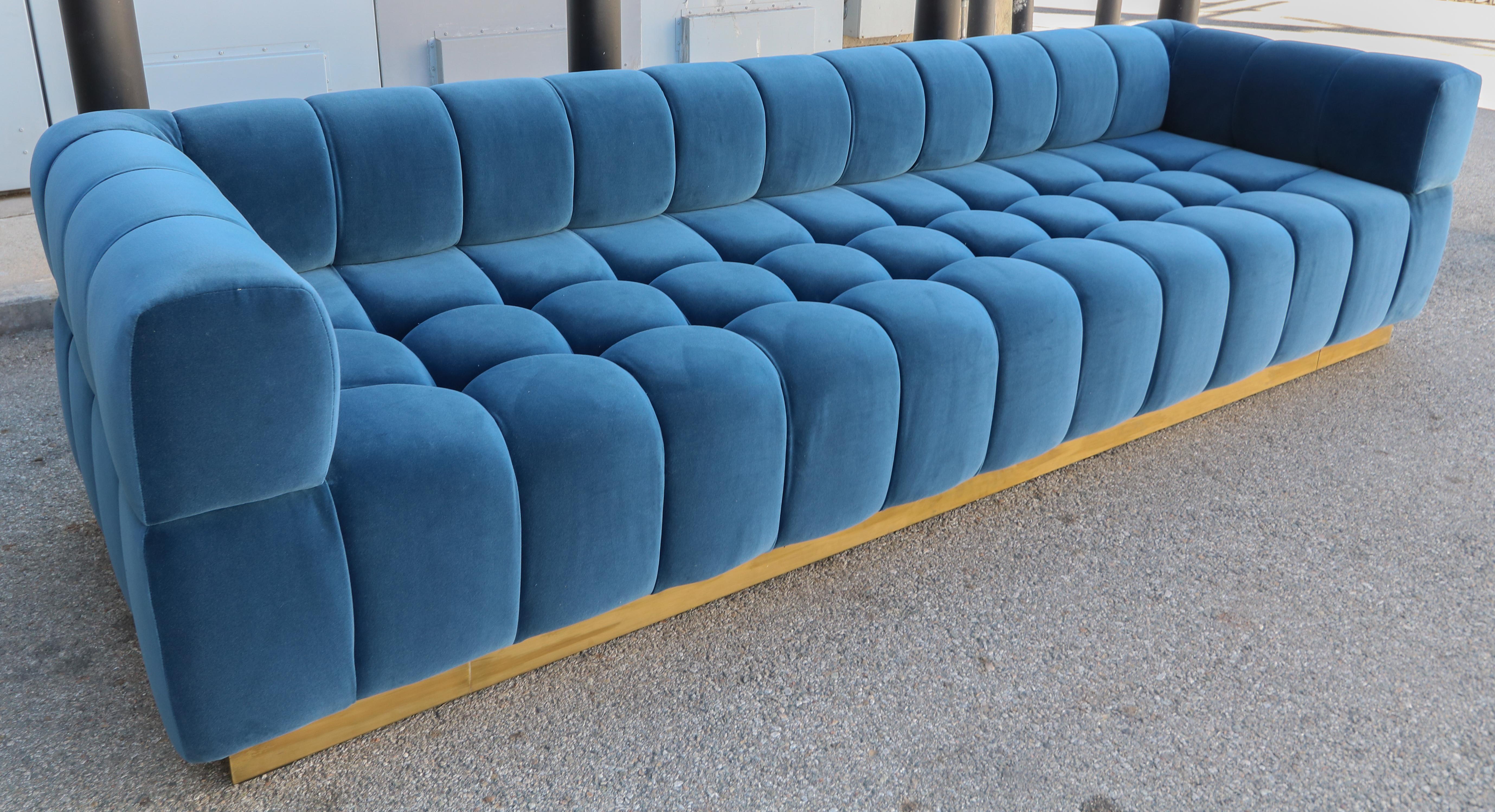 American Custom Tufted Blue Velvet Sofa with Brass Base by Adesso Imports For Sale