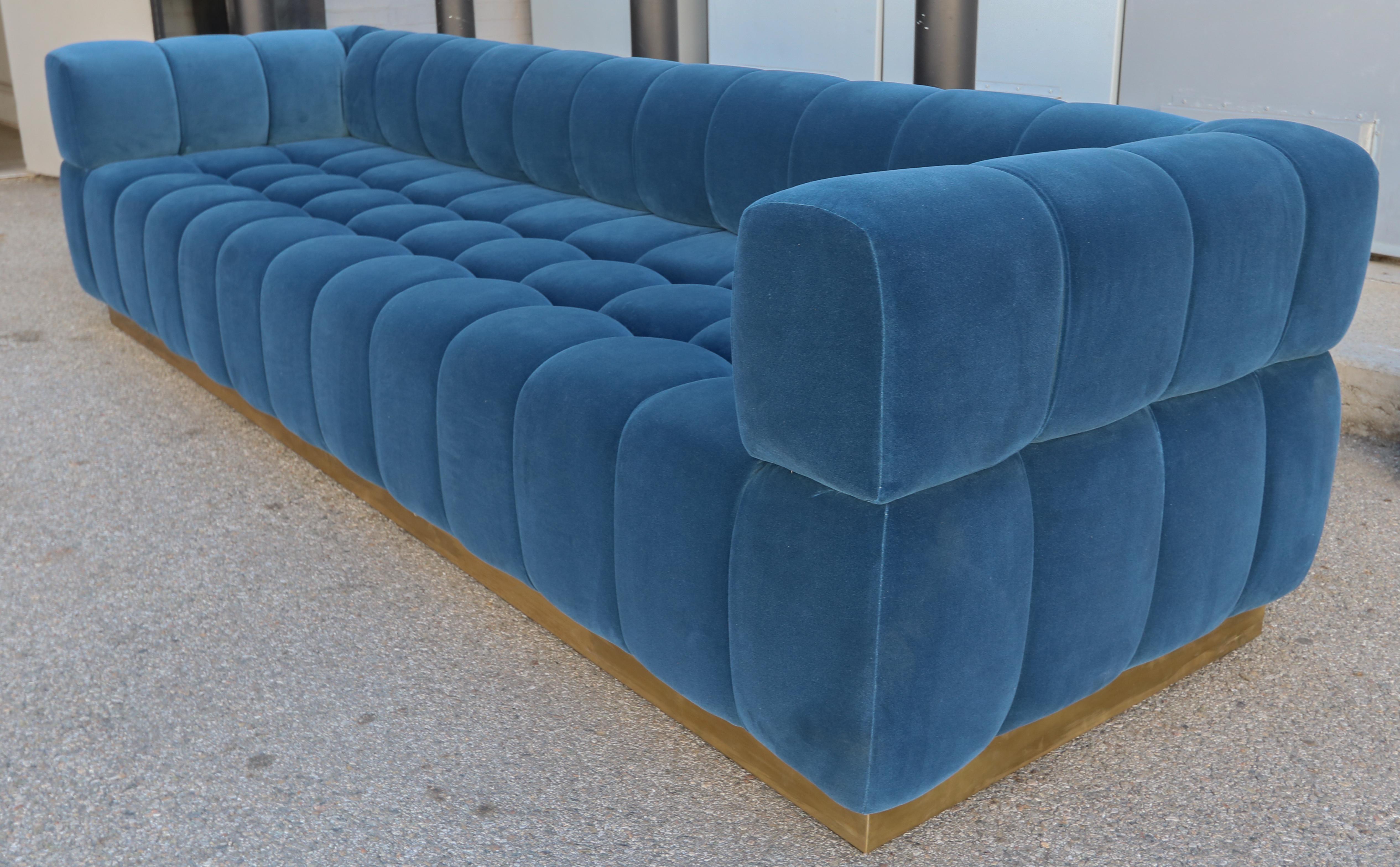 Custom Tufted Blue Velvet Sofa with Brass Base by Adesso Imports In New Condition For Sale In Los Angeles, CA