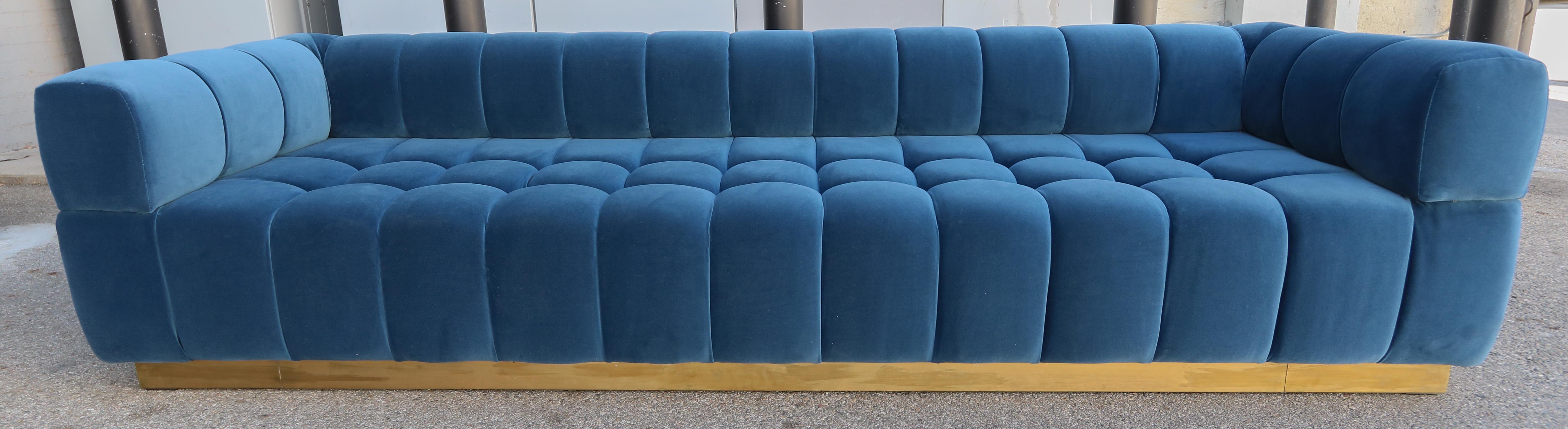 Contemporary Custom Tufted Blue Velvet Sofa with Brass Base by Adesso Imports For Sale
