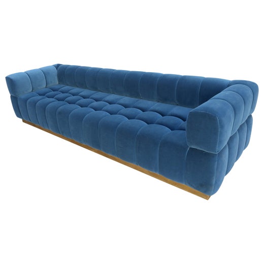 Custom Tufted Aqua Blue Velvet Sofa With Brass Base By Adesso Imports For At 1stdibs Custom Tufted Aqua Blue Velvet Sofa, Aqua Velvet Tufted Sofa
