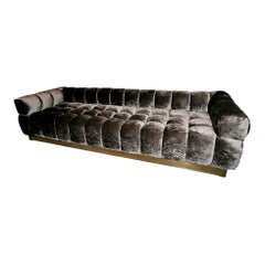 Custom Tufted Charcoal Brown Velvet Sofa with Brass Base by Adesso Imports