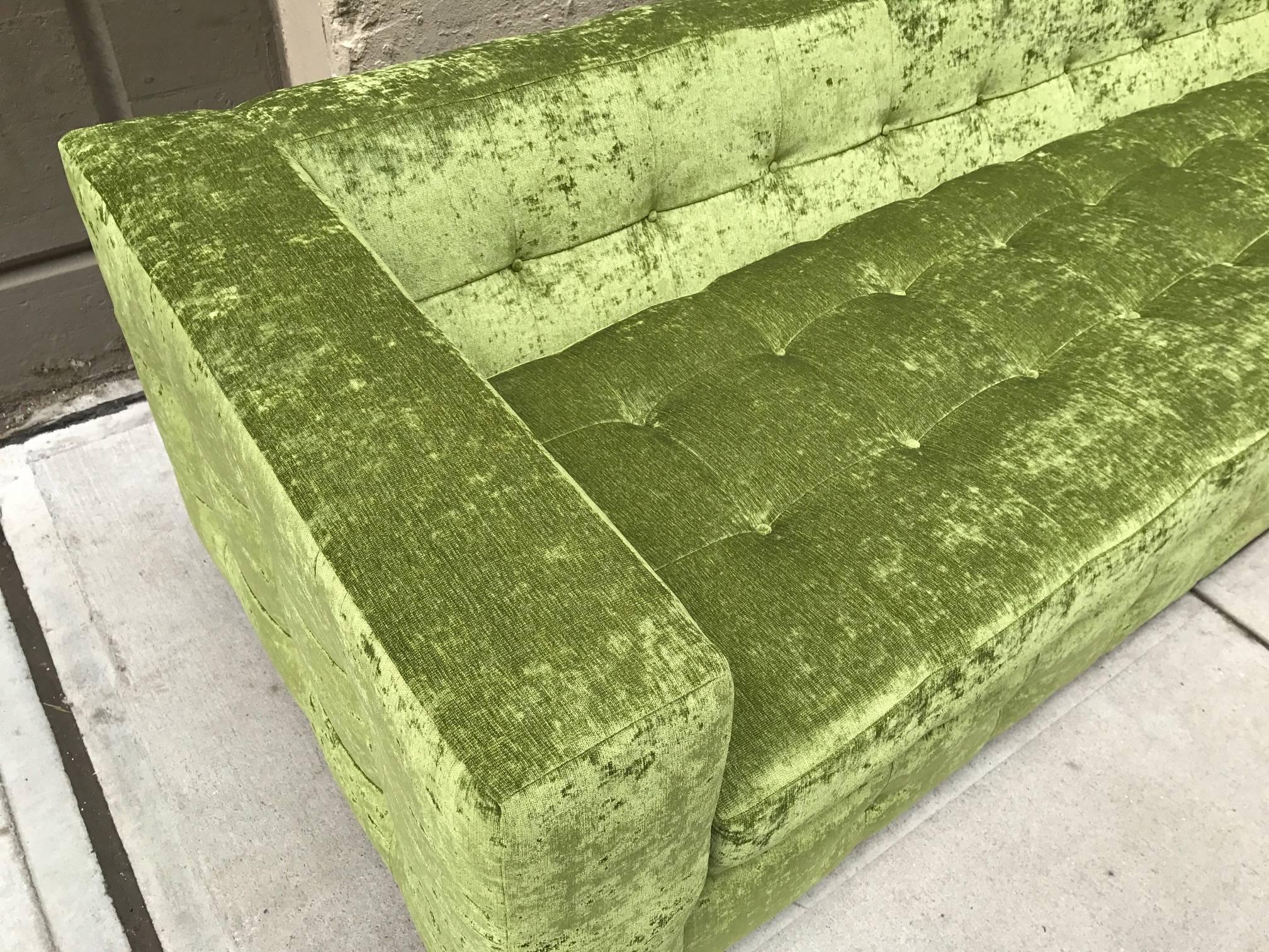 Mid-Century Modern Custom Tufted Green Velvet Sofa, Custom Design For Sale