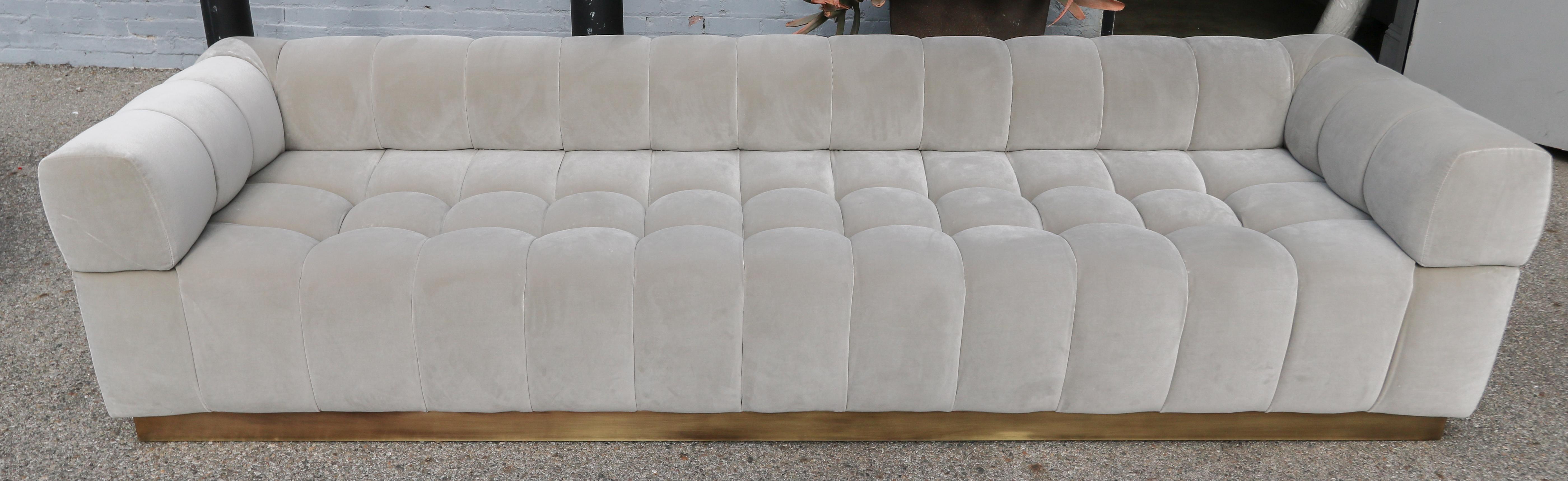 Mid-Century Modern Custom Tufted Grey Velvet Sofa with Brass Base by Adesso Imports For Sale