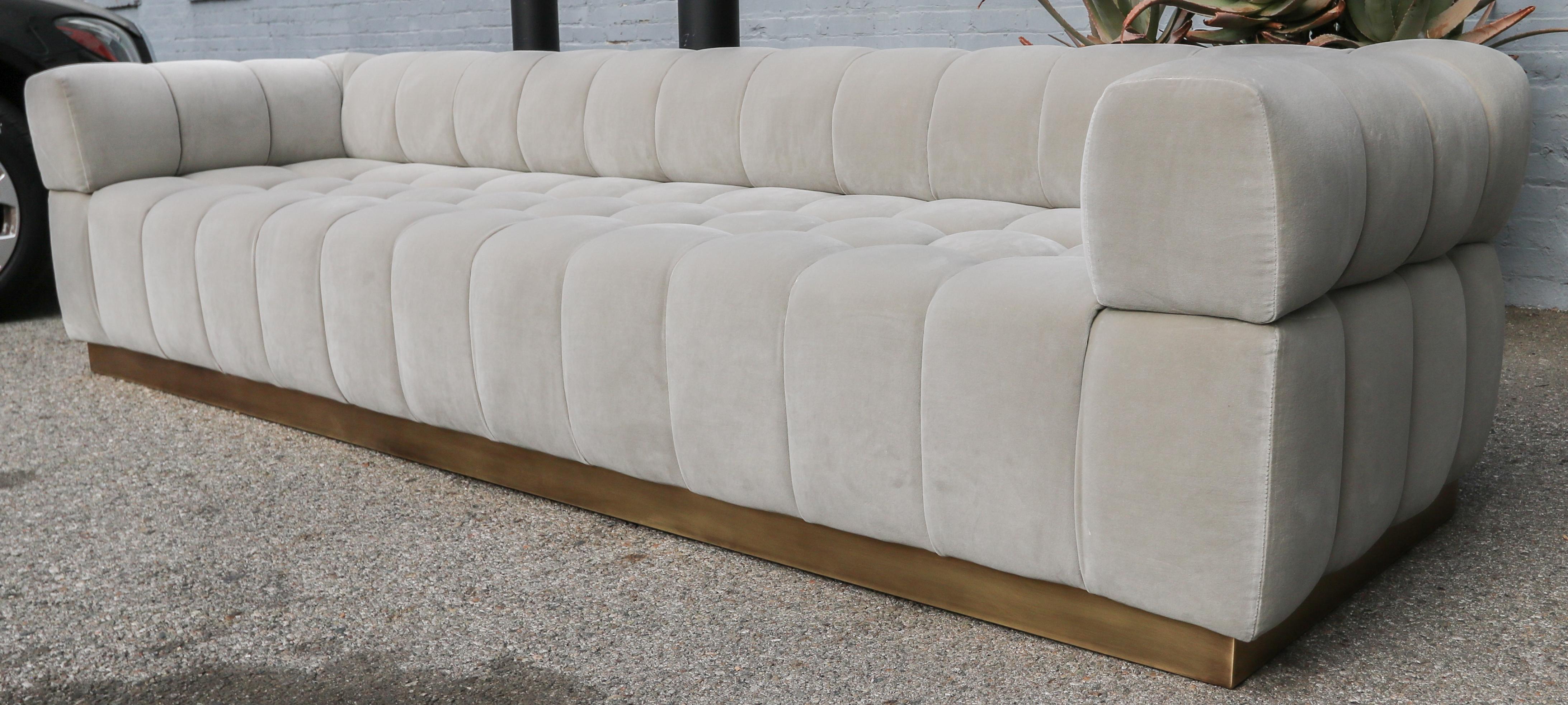 Mid-Century Modern Custom Tufted Grey Velvet Sofa with Brass Base by Adesso Imports For Sale