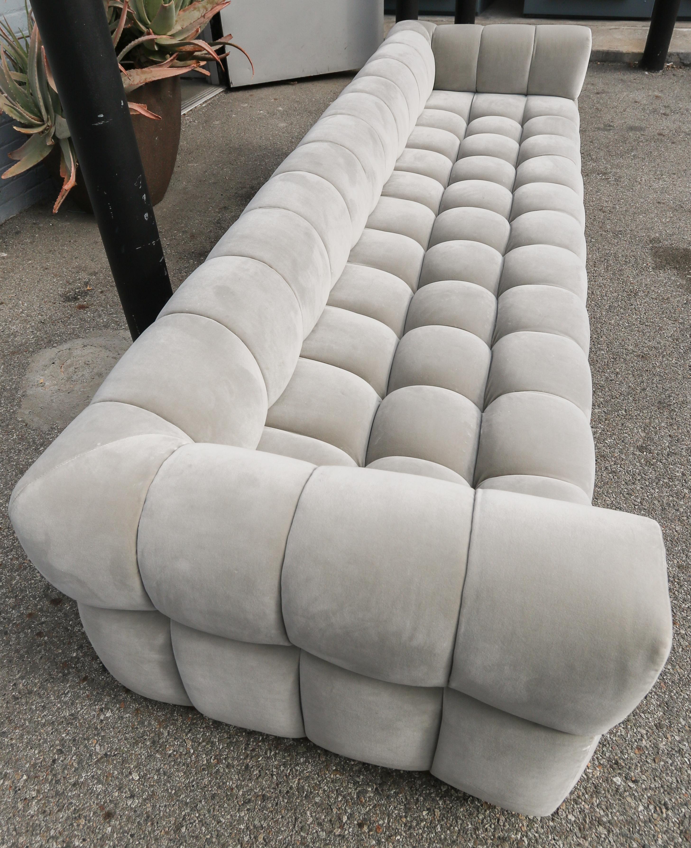 American Custom Tufted Grey Velvet Sofa with Brass Base by Adesso Imports For Sale