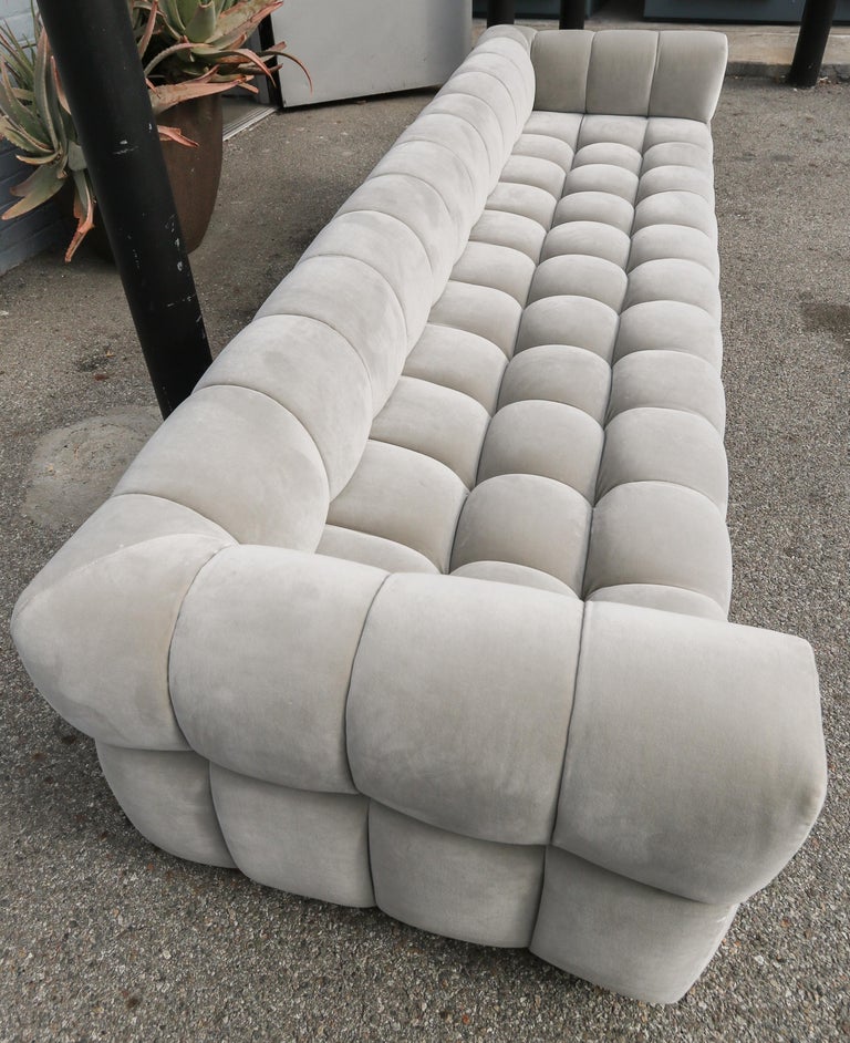 Custom Tufted Grey Velvet Sofa with Brass Base by Adesso Imports For