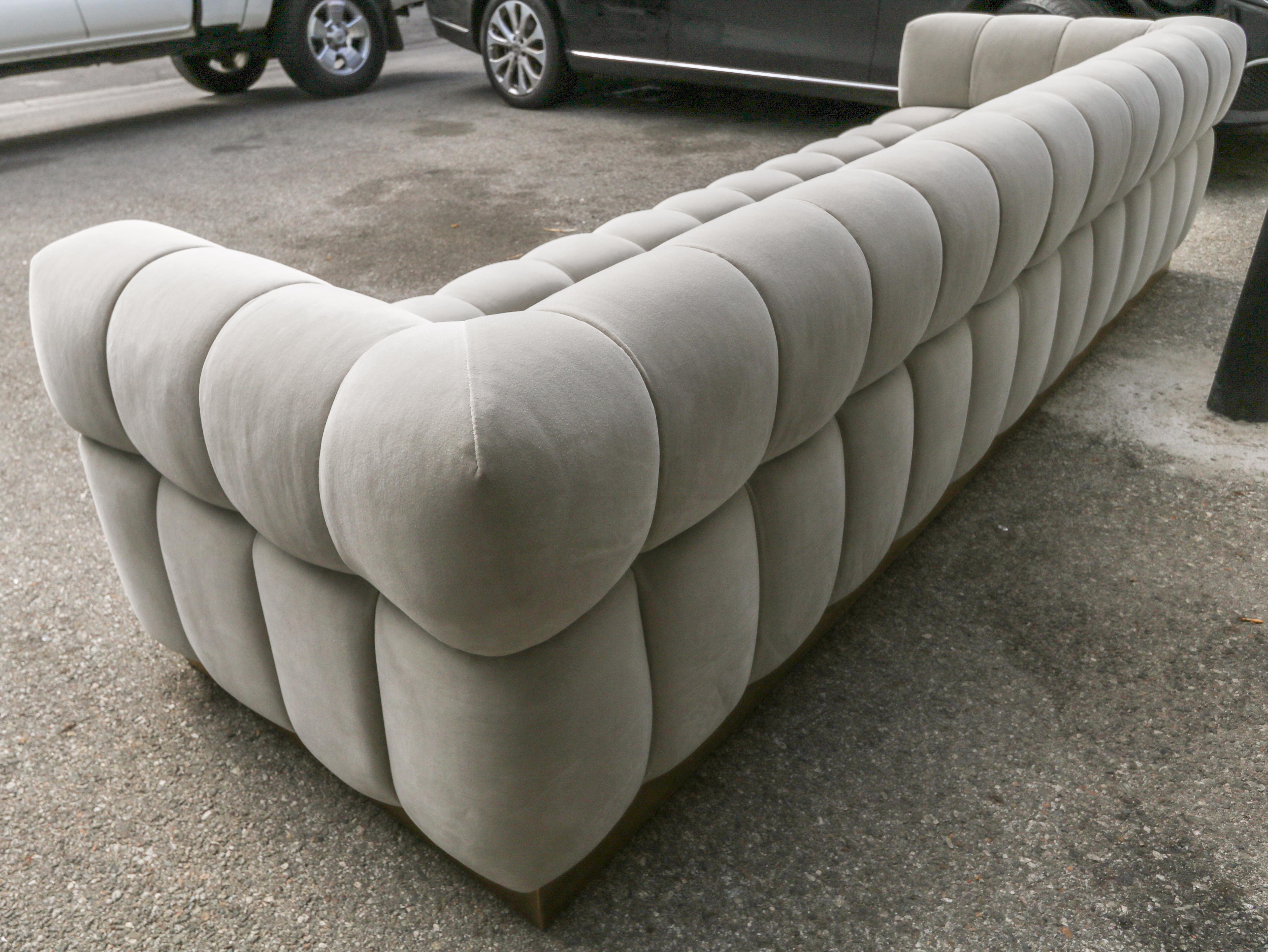 Custom Tufted Grey Velvet Sofa with Brass Base by Adesso Imports In New Condition For Sale In Los Angeles, CA