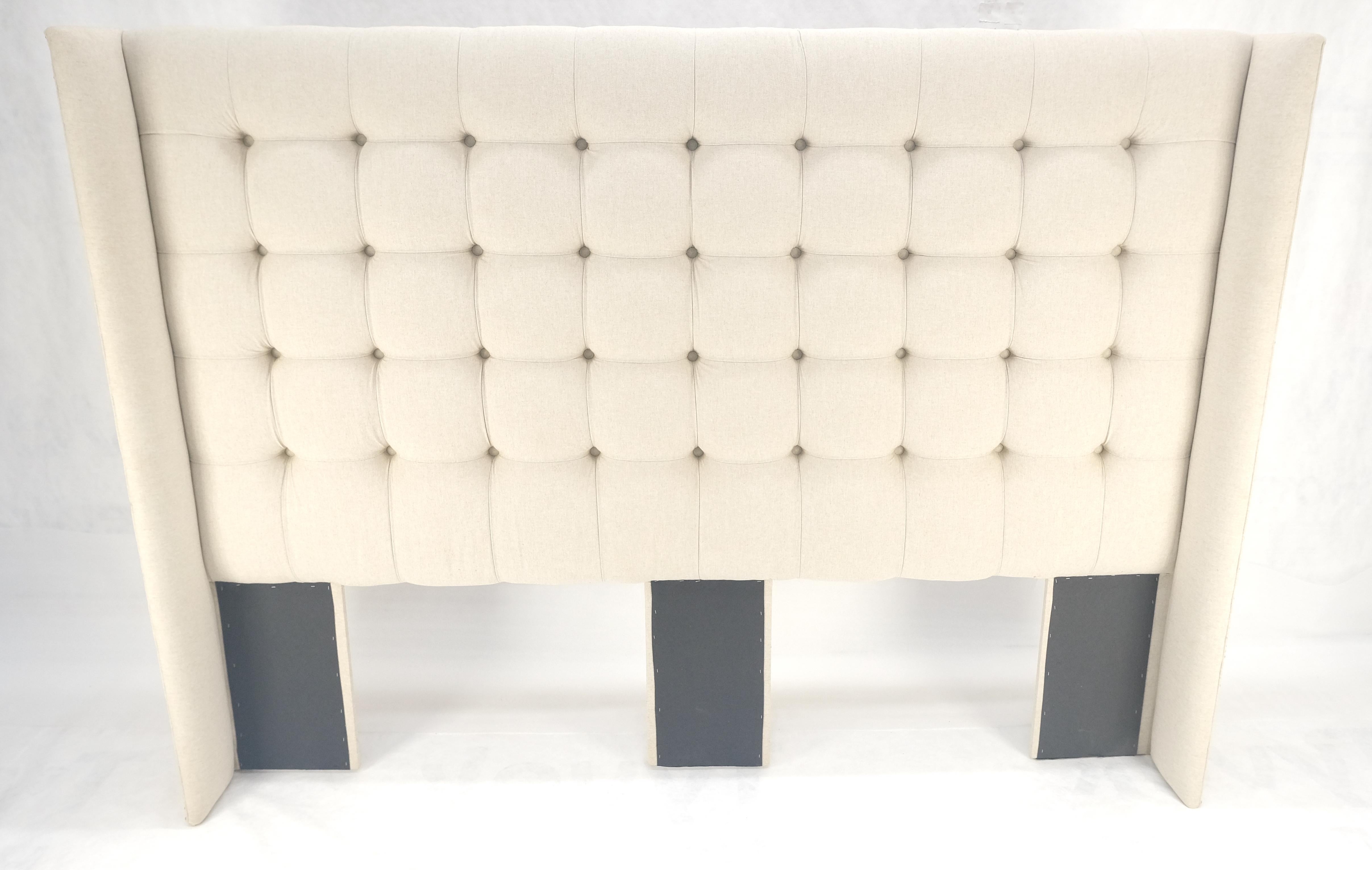 Mid-Century Modern Custom Tufted Linen Oatmeal Beige Wing Headboard King Size Bed Mint For Sale