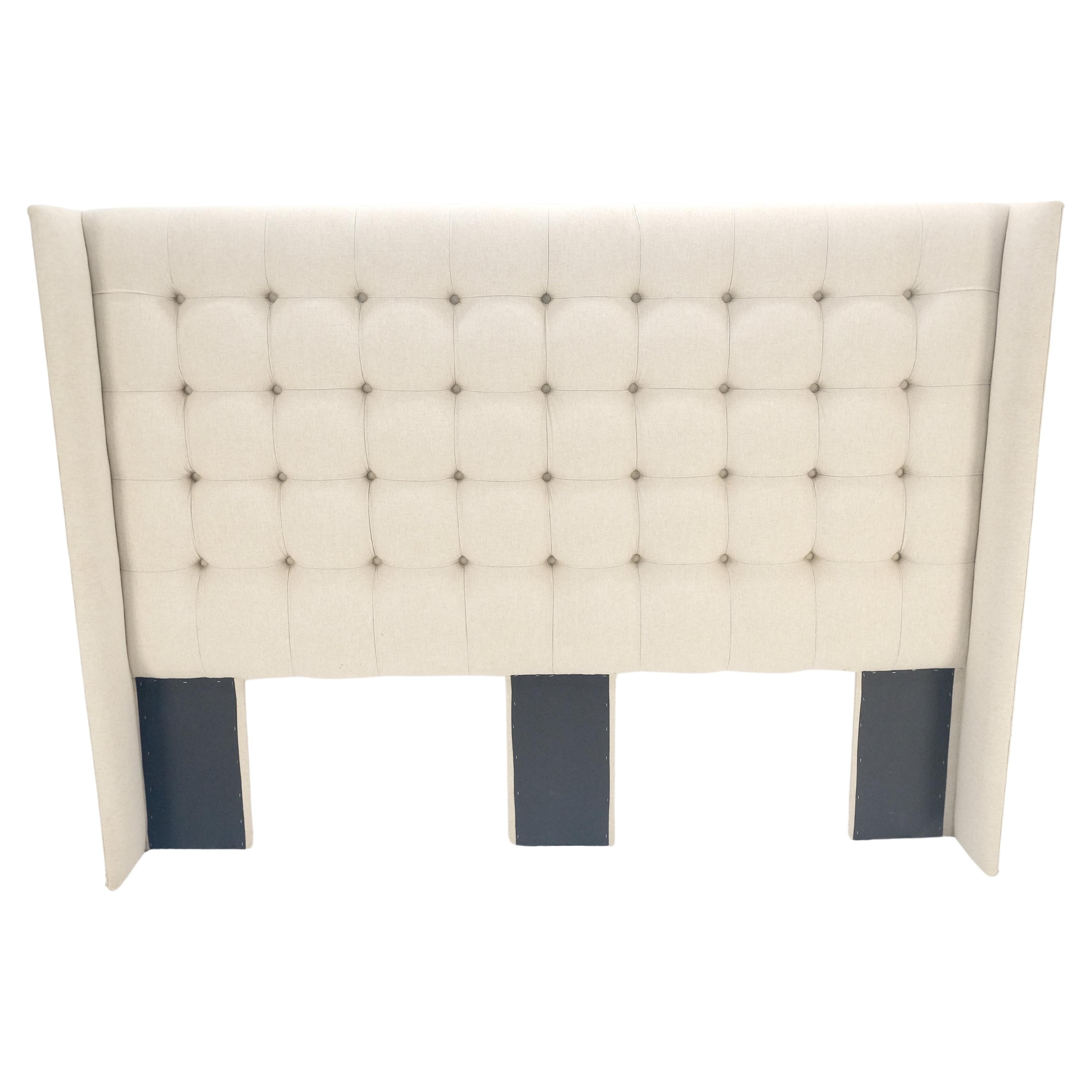 Custom Tufted Linen Oatmeal Beige Wing Headboard King Size Bed Mint