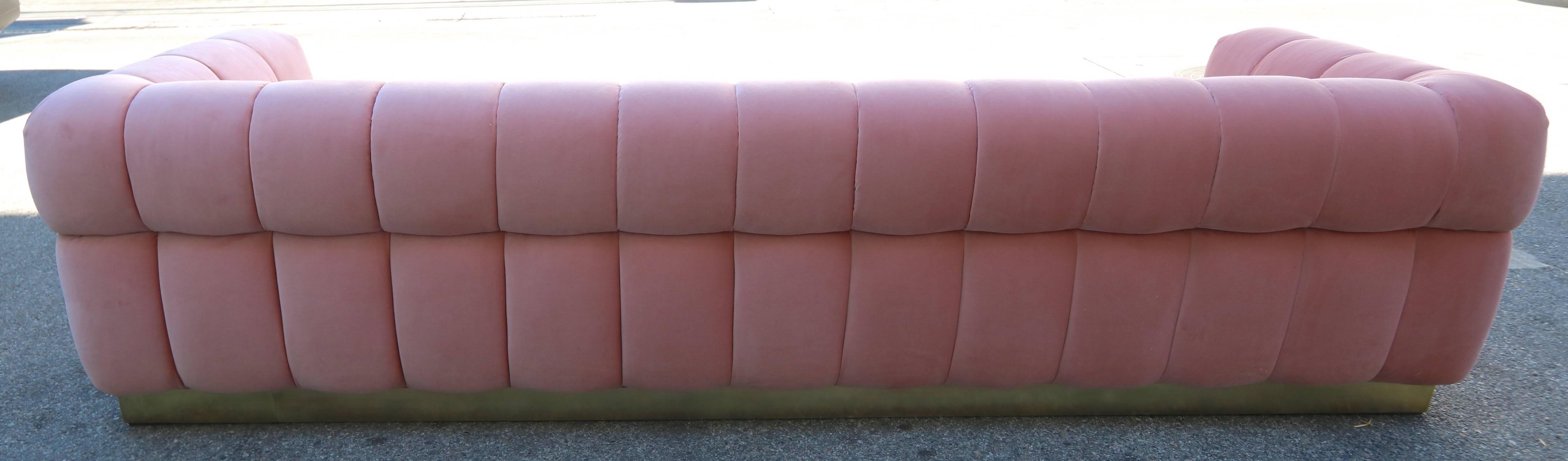 Mid-Century Modern Custom Tufted Pink Velvet Sofa with Brass Base by Adesso Imports For Sale