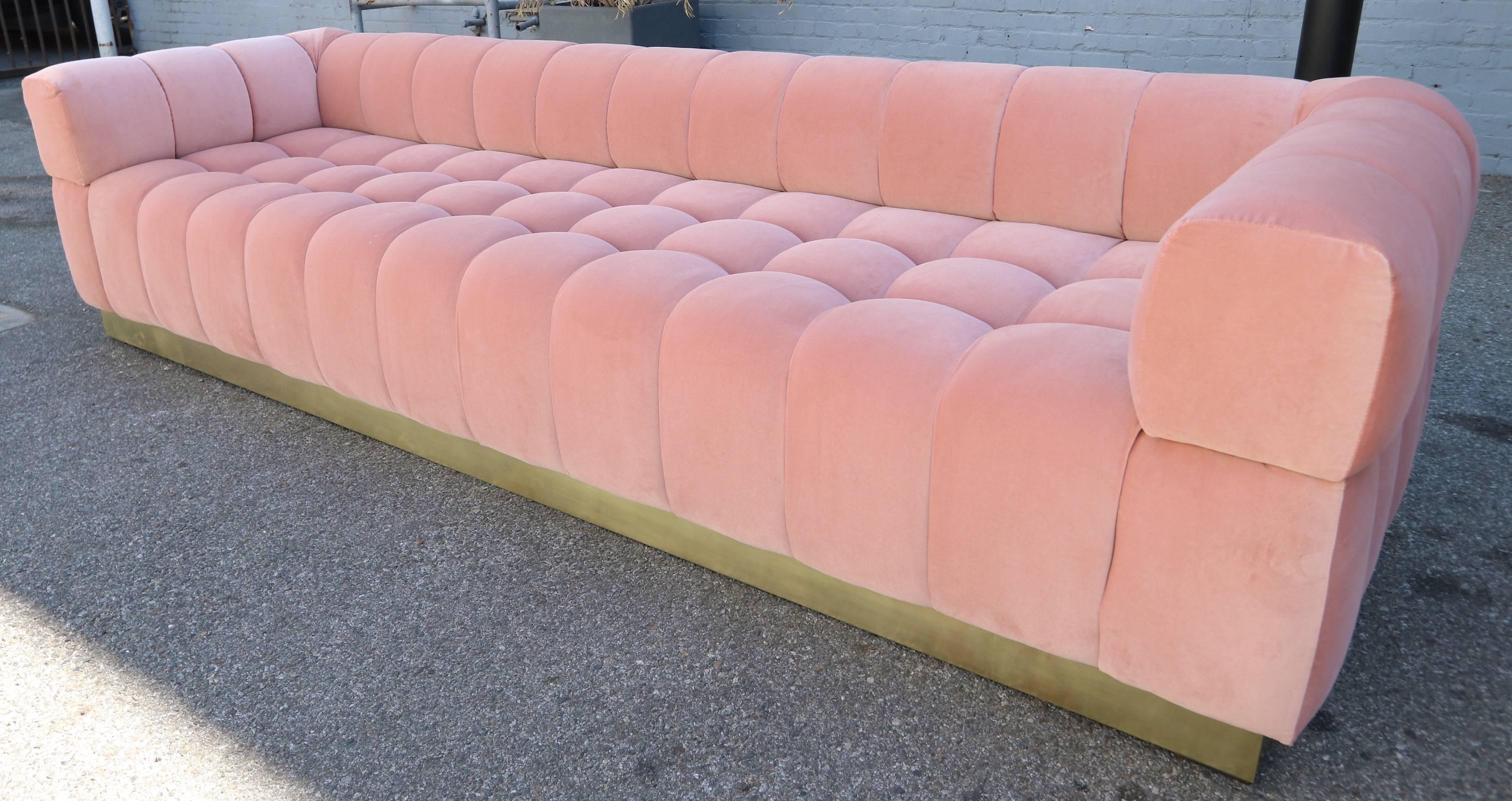 American Custom Tufted Pink Velvet Sofa with Brass Base by Adesso Imports For Sale