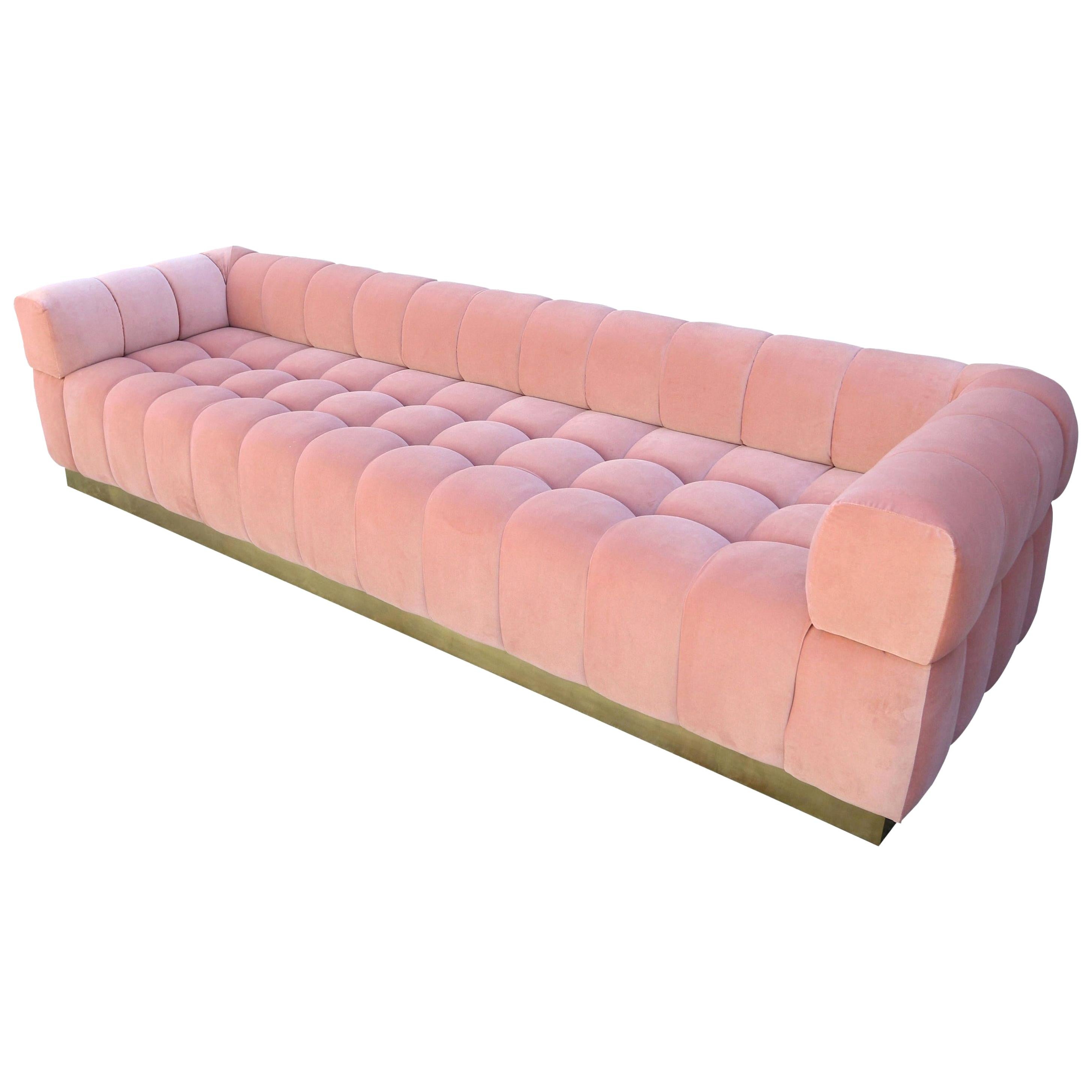 Custom Tufted Pink Velvet Sofa with Brass Base by Adesso Imports