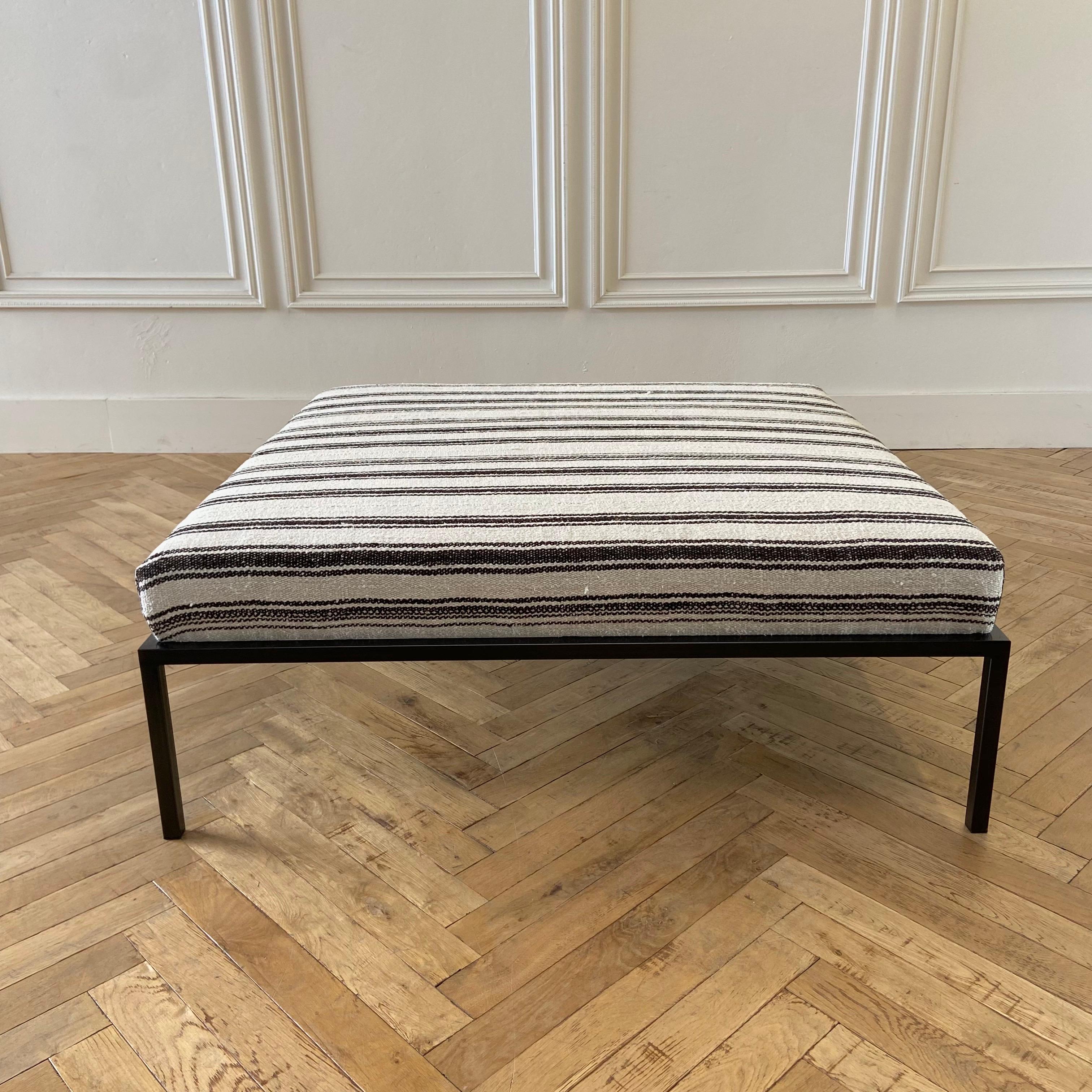 Contemporary Custom Turkish Hemp and Wool Rug Cocktail Ottoman with Iron Base For Sale