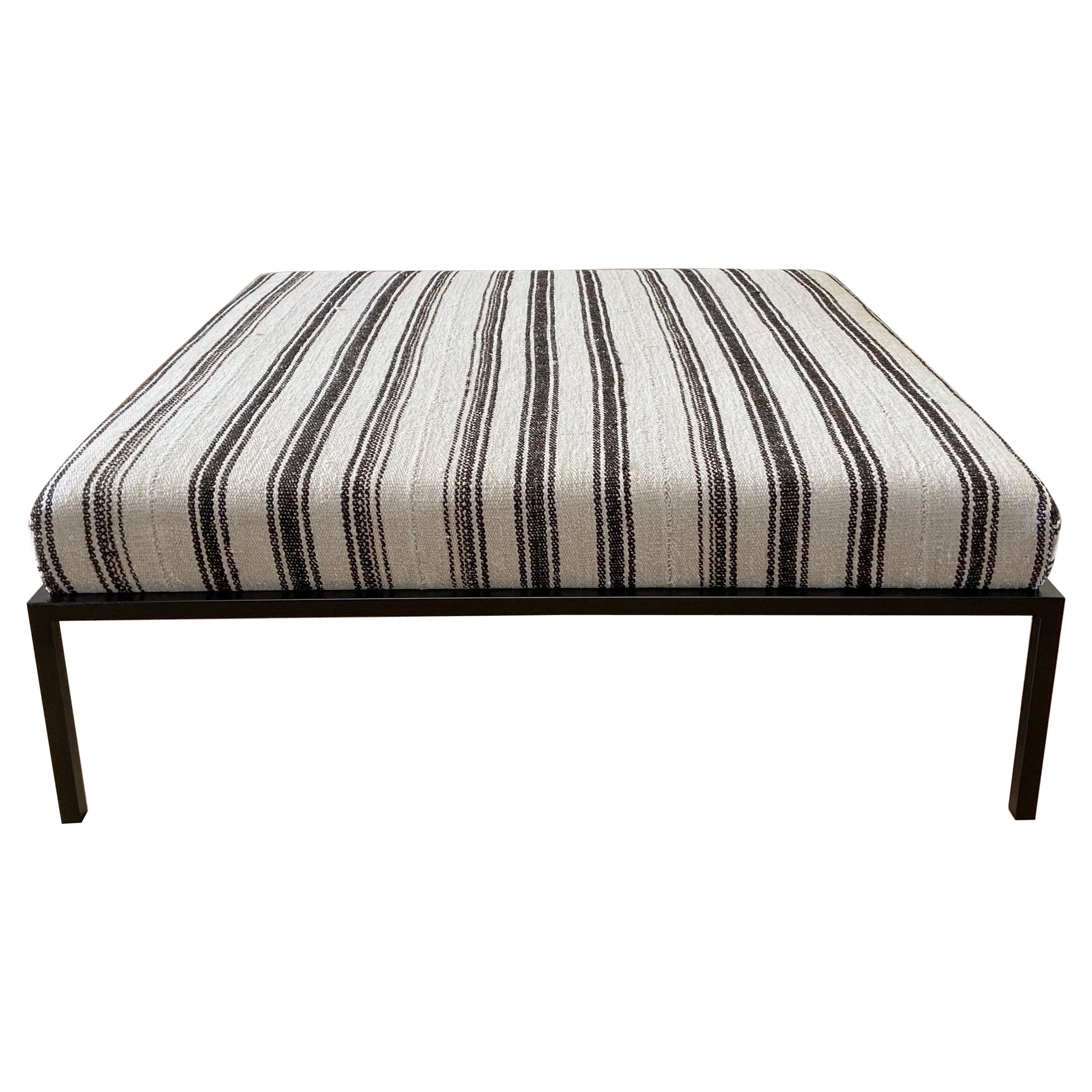 Custom Turkish Hemp and Wool Rug Cocktail Ottoman with Iron Base