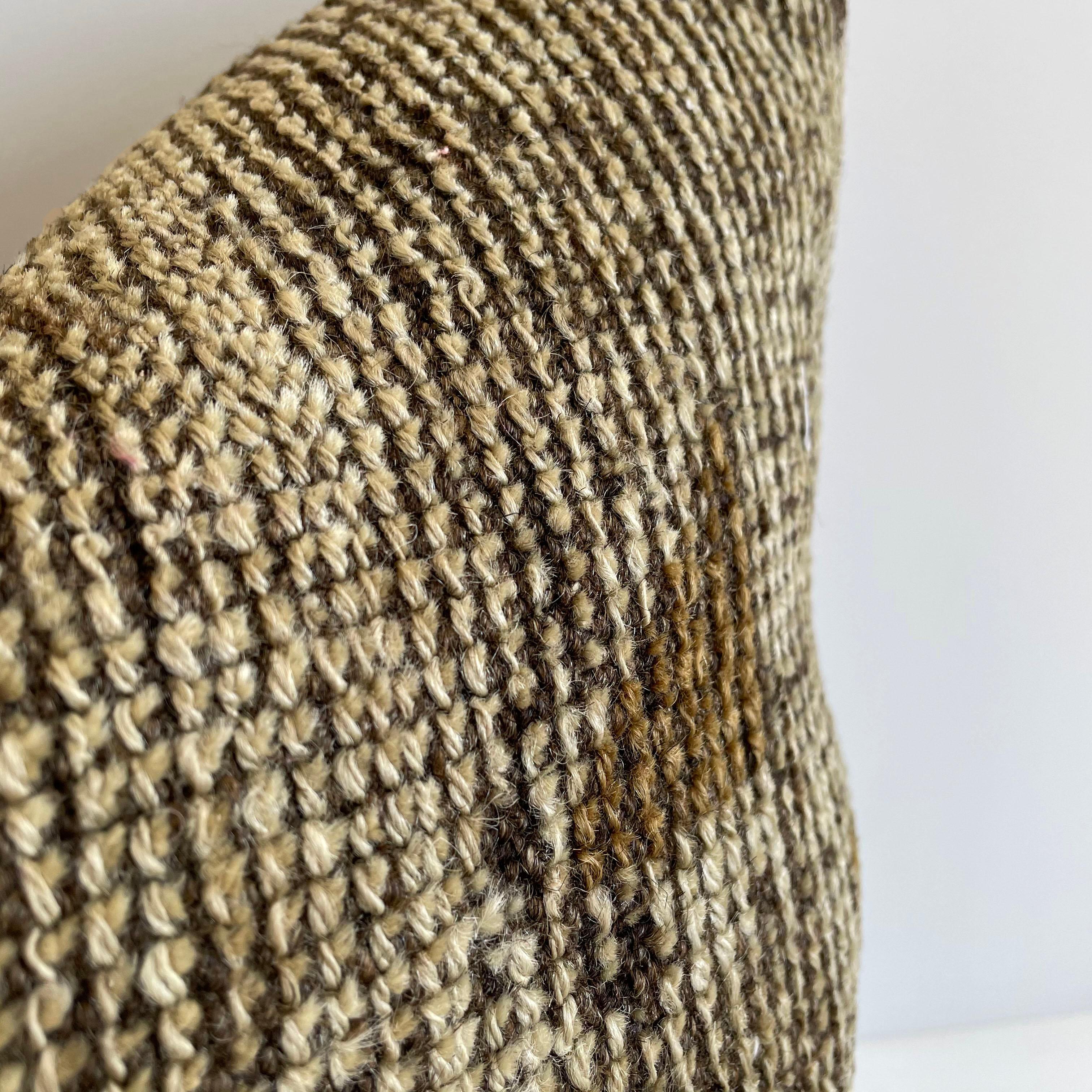 Antique woven rug pillow in natural gray brown and taupe with geometric patterns. The backside is a coordinating cotton. Our pillows are constructed with vintage one of a kind textiles from around the globe. Carefully constructed with the finest
