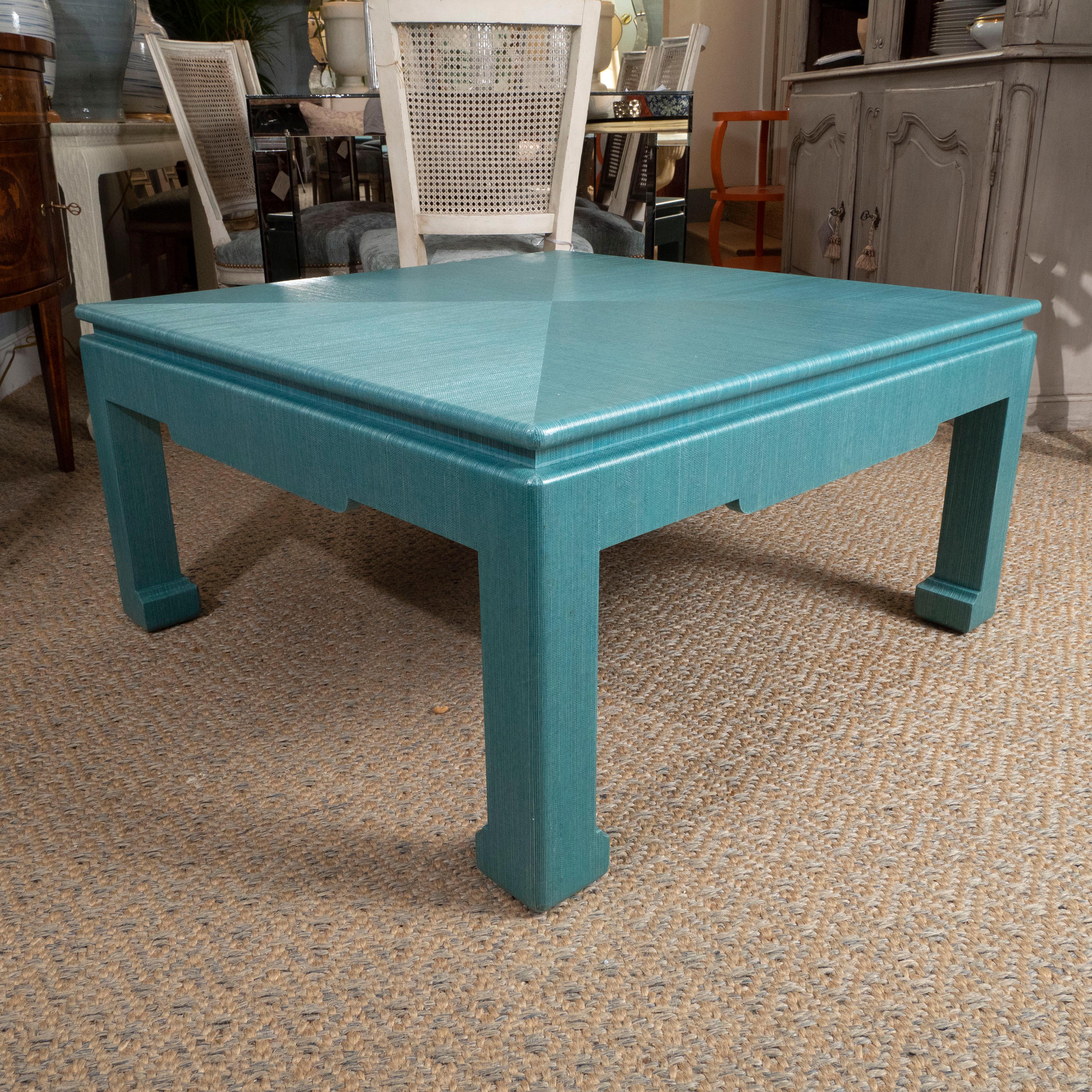 Contemporary Custom Turquoise Grasscloth-Wrapped Cocktail Table