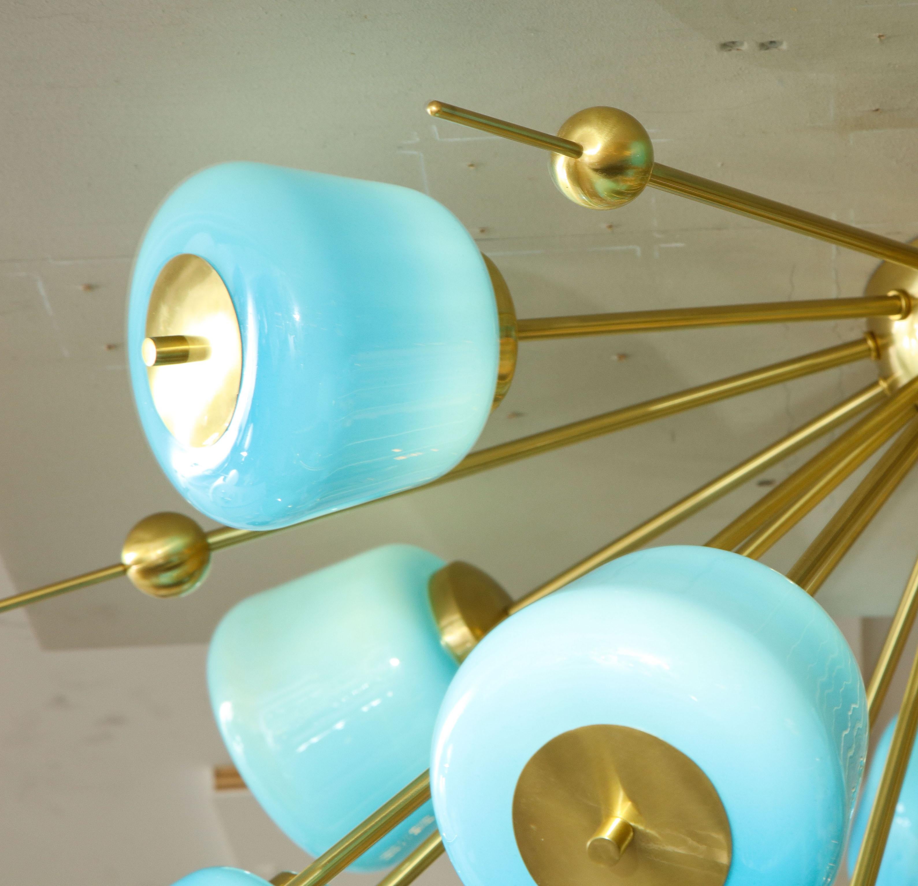 Custom Turquoise Milk Glass Flush Mount Chandelier in Polished Brass For Sale 3