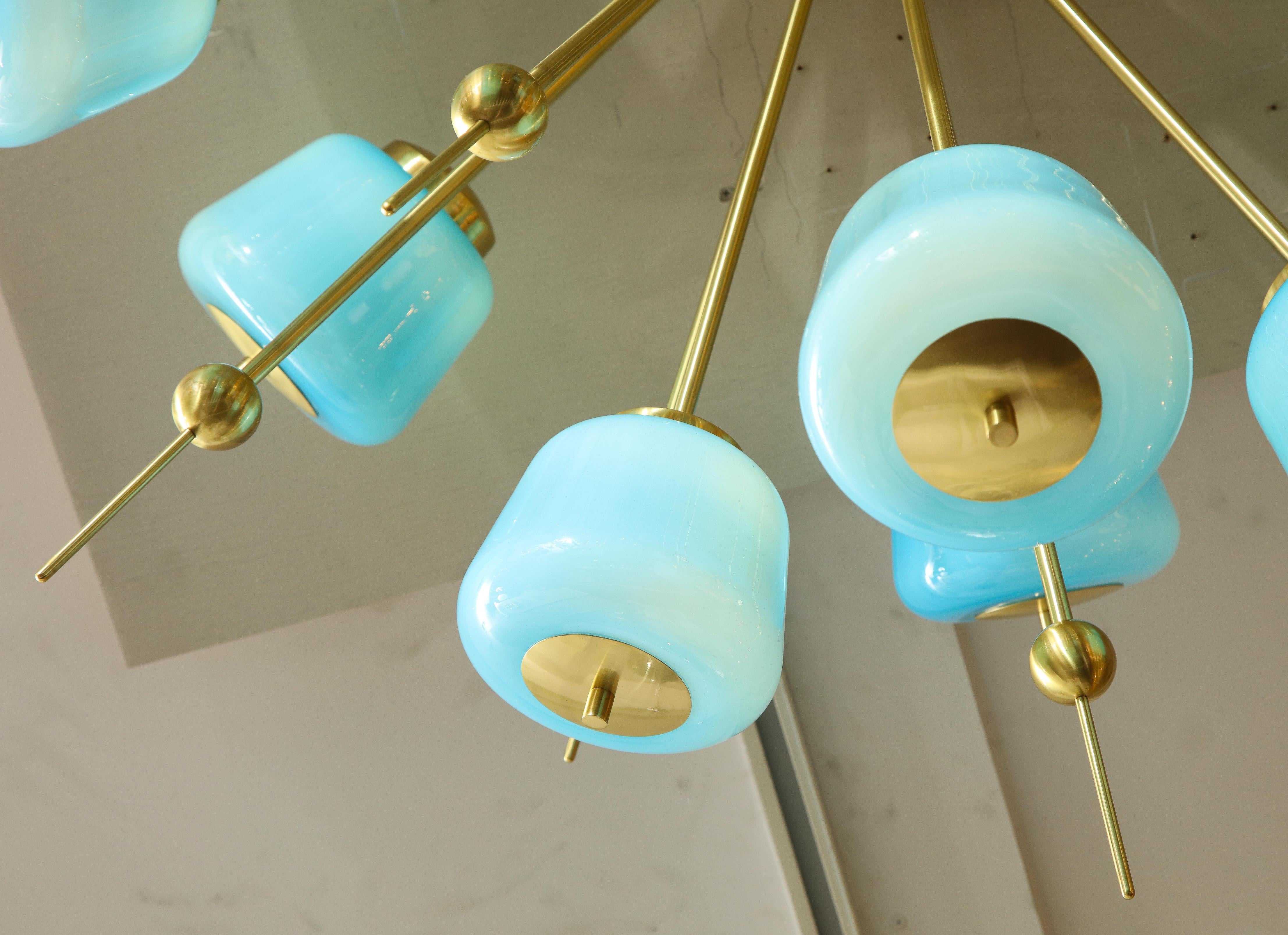 Custom Turquoise Milk Glass Flush Mount Chandelier in Polished Brass For Sale 4