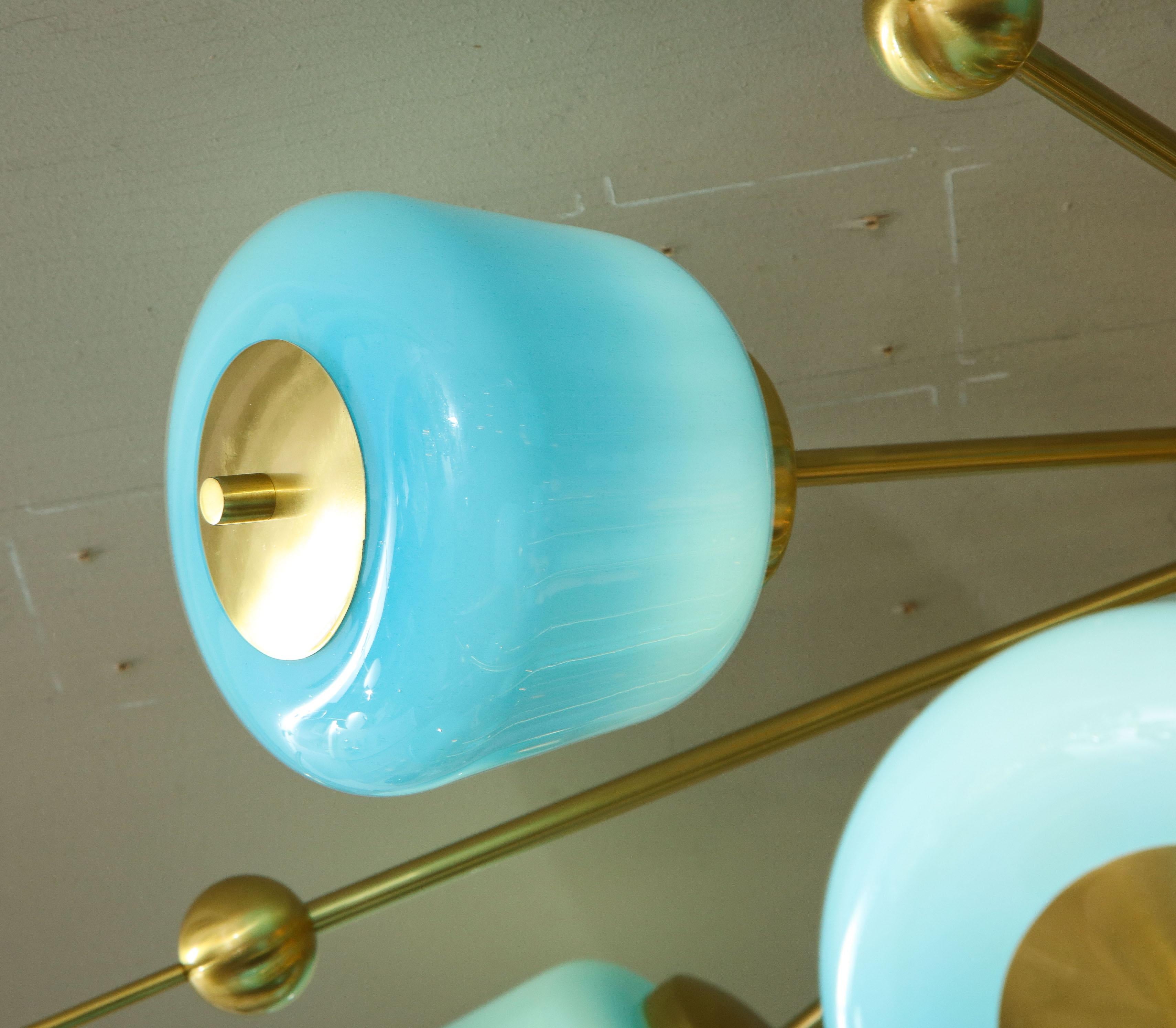 Custom Turquoise Milk Glass Flush Mount Chandelier in Polished Brass For Sale 6