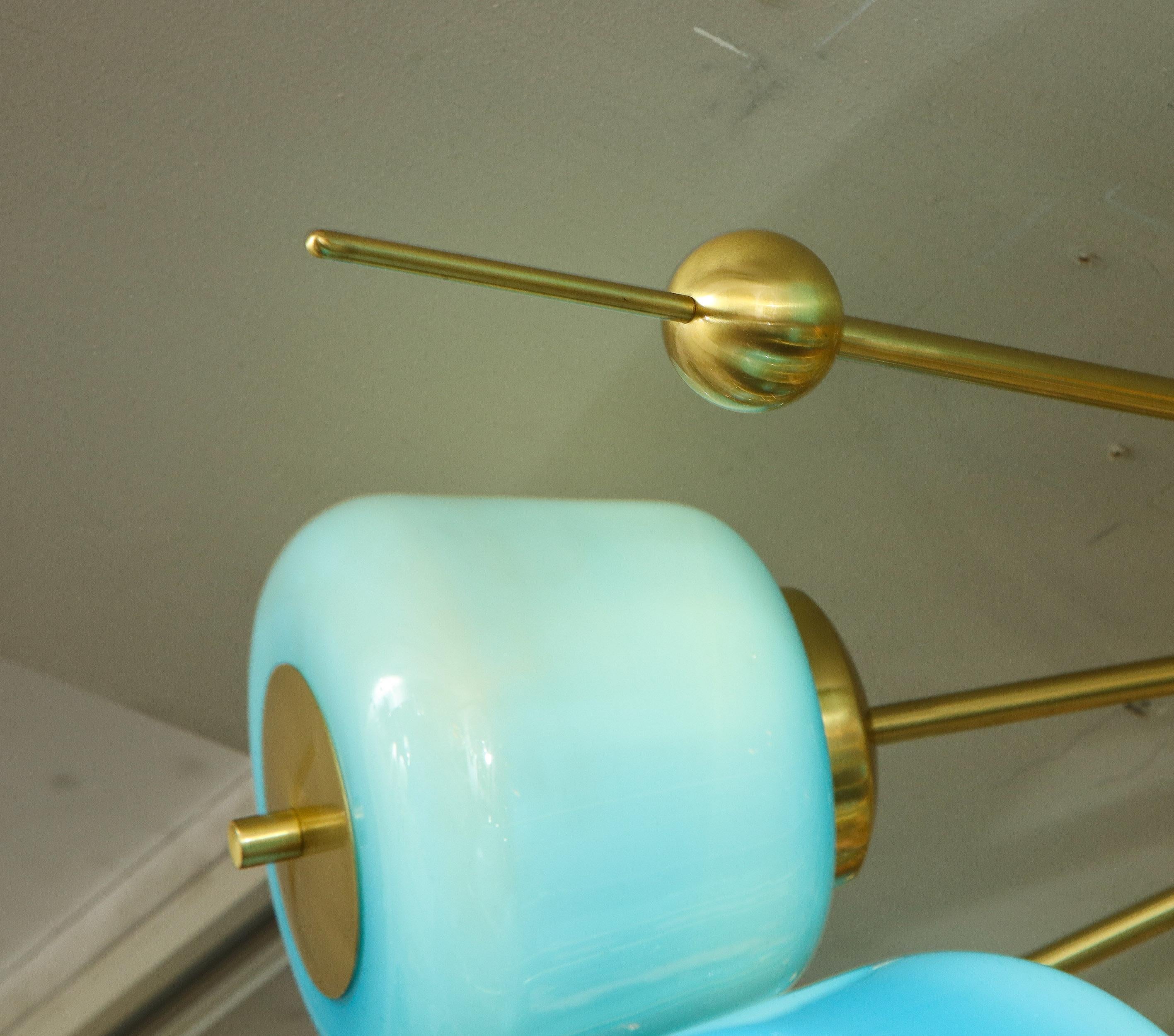 Custom Turquoise Milk Glass Flush Mount Chandelier in Polished Brass For Sale 7