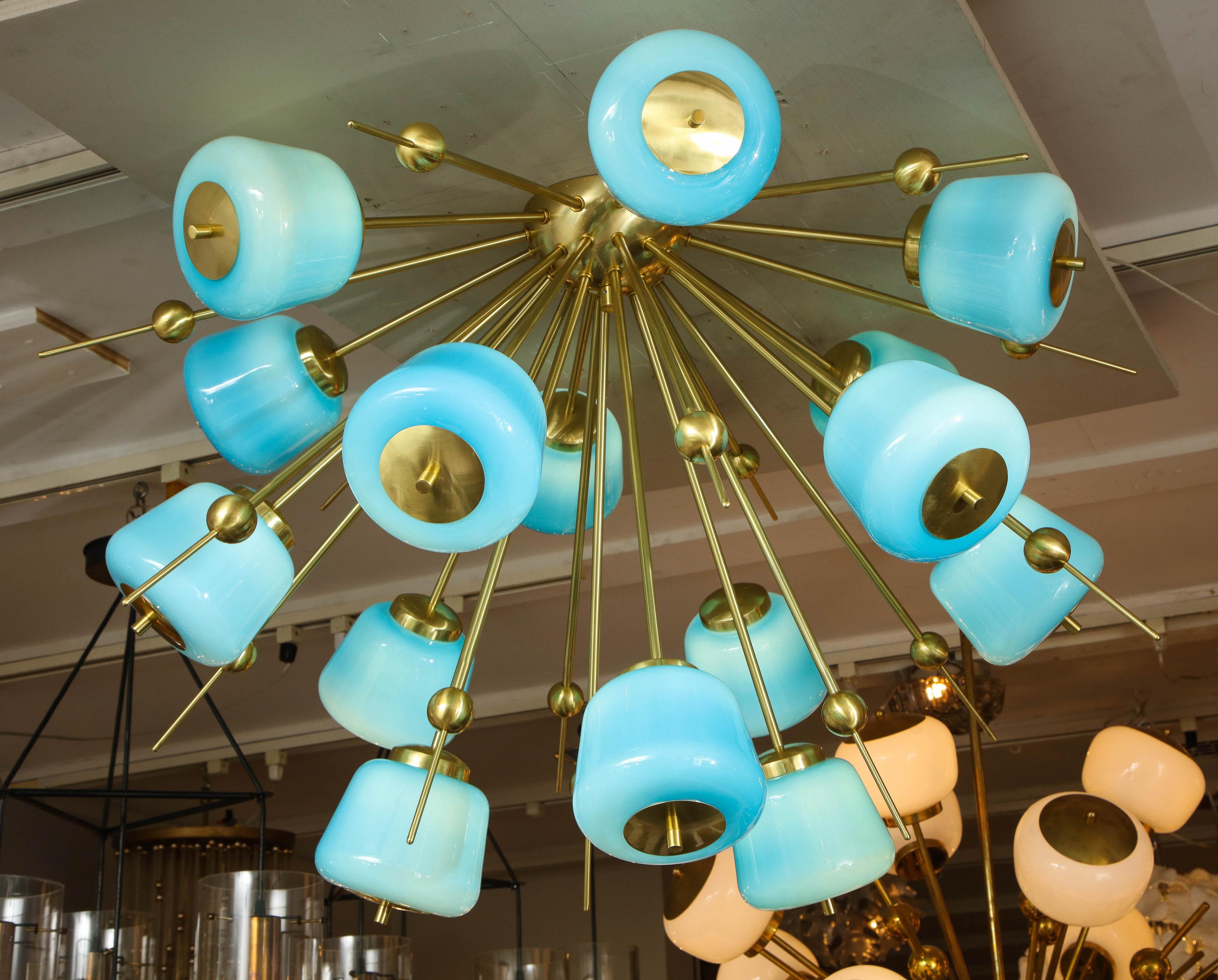 Mid-Century Modern Custom Turquoise Milk Glass Flush Mount Chandelier in Polished Brass For Sale