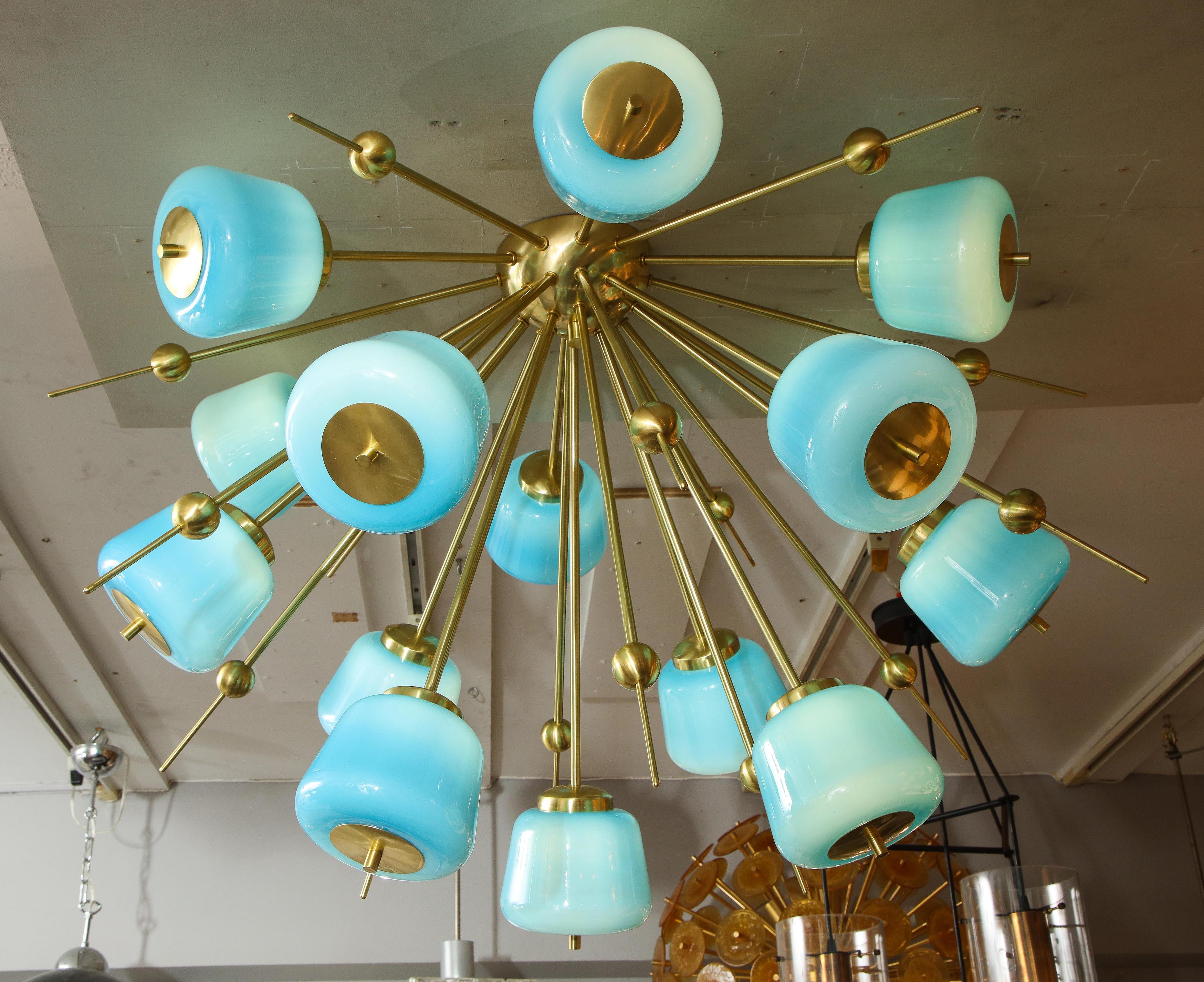 Custom Turquoise Milk Glass Flush Mount Chandelier in Polished Brass In New Condition For Sale In New York, NY