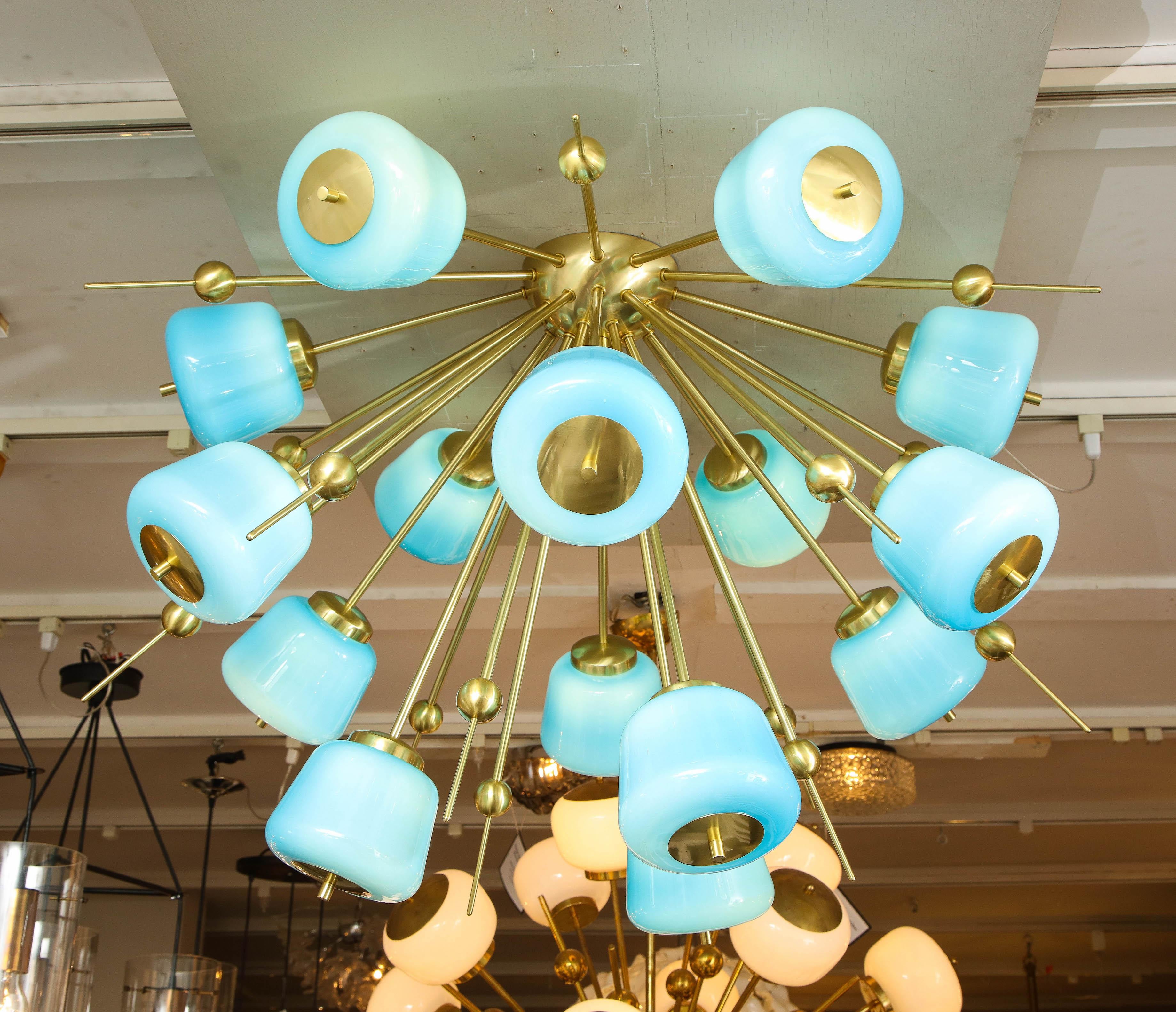 Contemporary Custom Turquoise Milk Glass Flush Mount Chandelier in Polished Brass For Sale