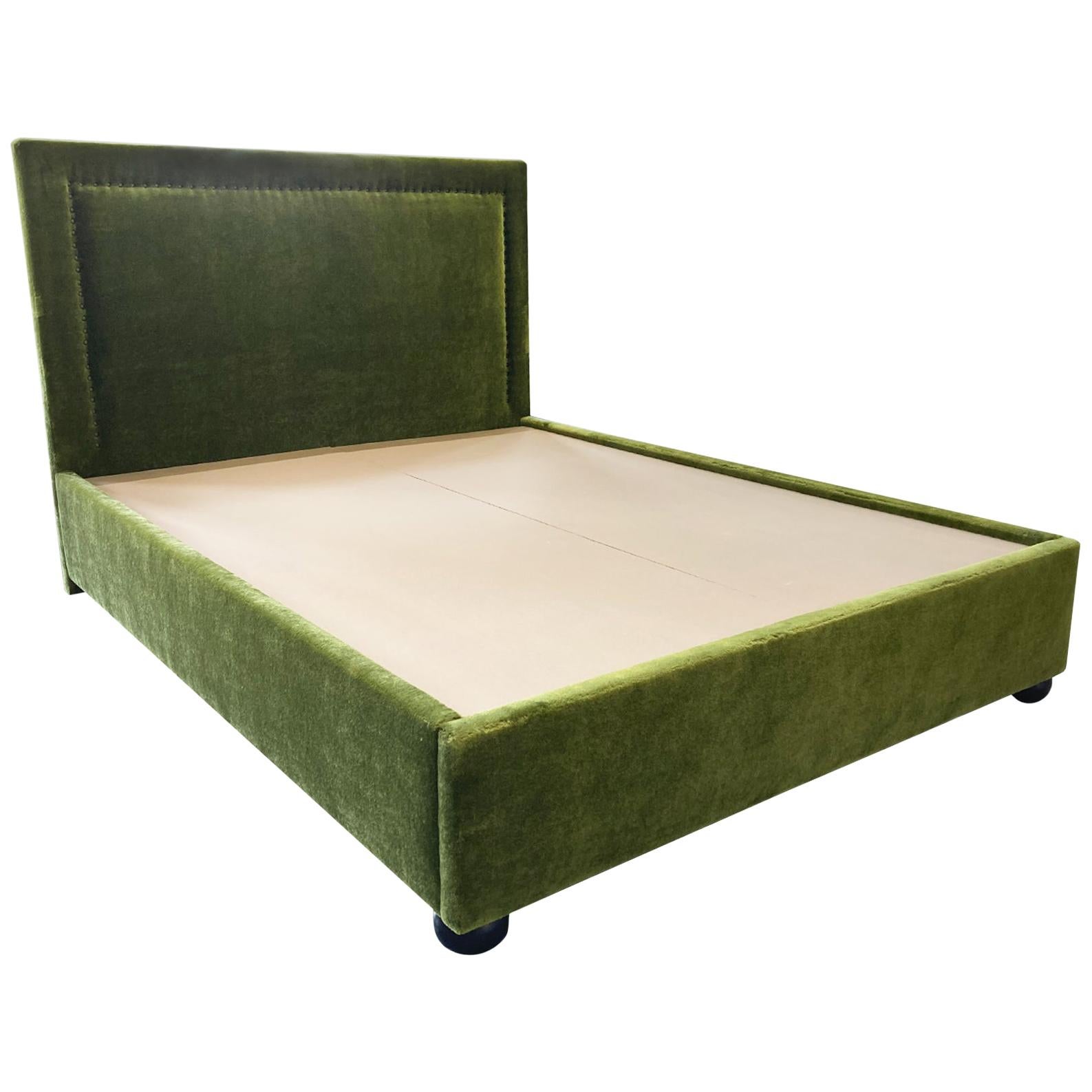 Custom Tuxedo Style Queen Bedframe in Green Mohair