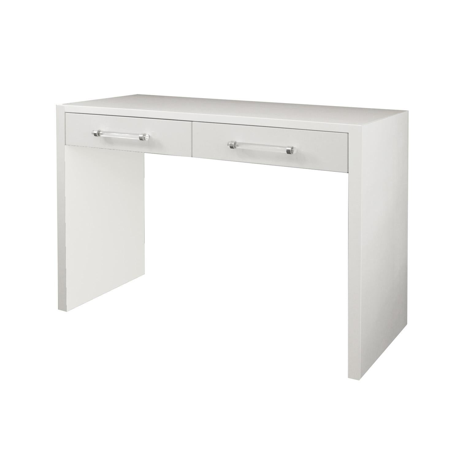 Petite custom, made to order, two drawer lacquered writing table with Lucite and chrome handles. Designed and made by Venfield. This item is made to order in your dimensions and color.
