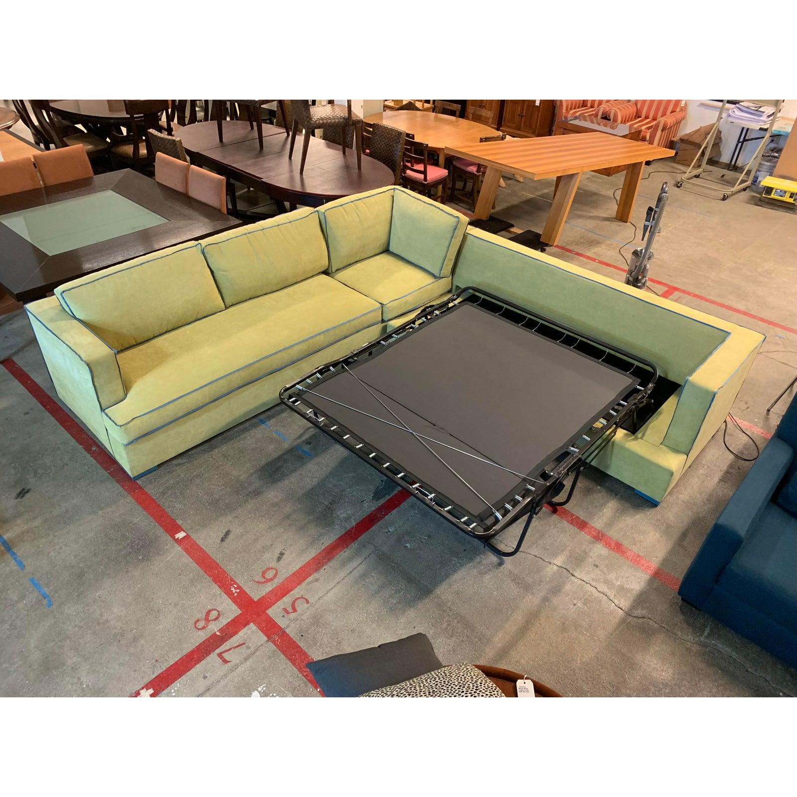 A custom two-piece sectional. Upholstered in a chartreuse fabric with a blue trimming.


Extra dimensions:
Large piece 120 inches x 40 inches x 36 inches
Section with sleeper 86” x 40” x 36” H
Arm height 29”
Seat height 19”
Sleeper 60” x 72”.