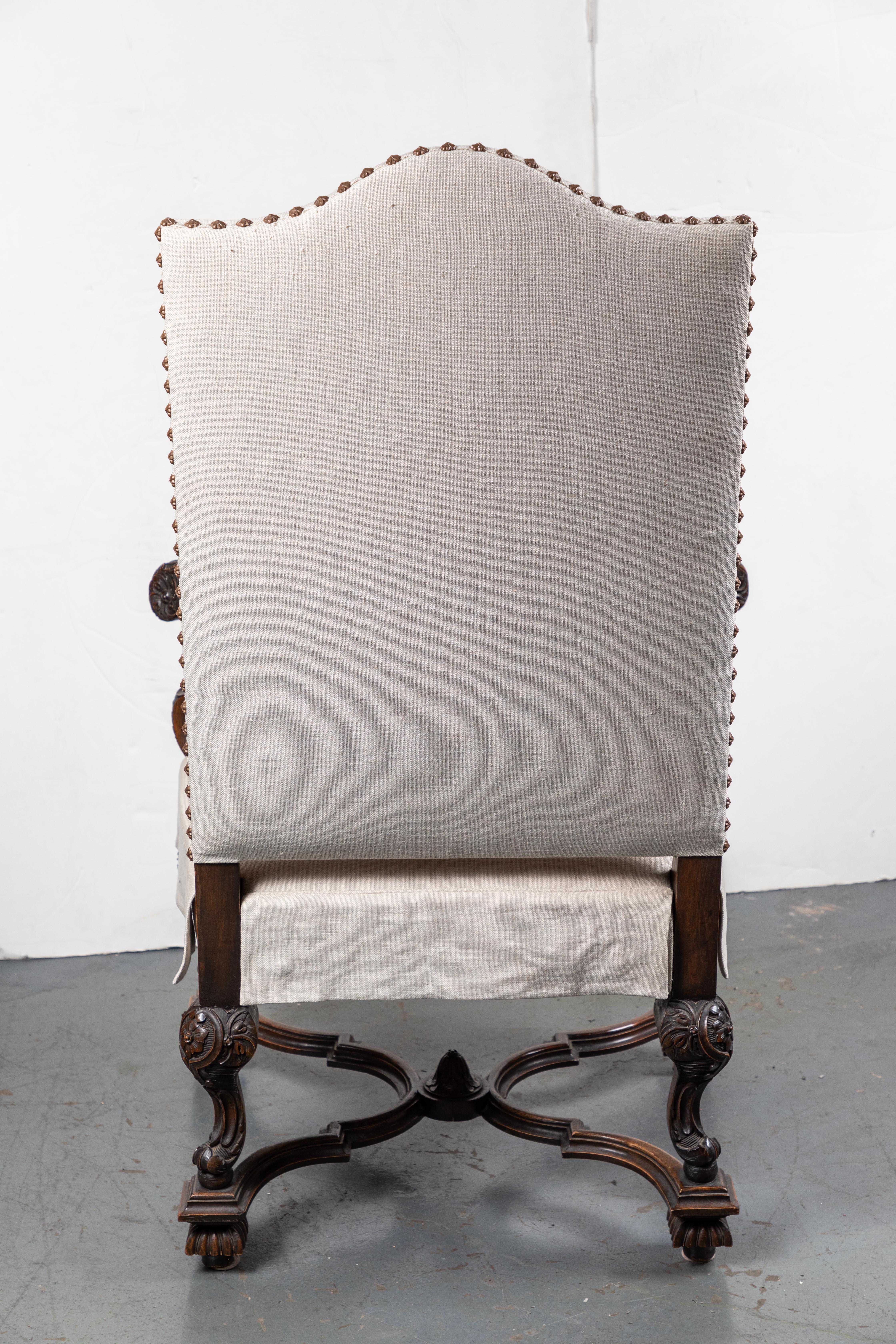 Linen Custom Upholstered, Antique Hall Chair For Sale