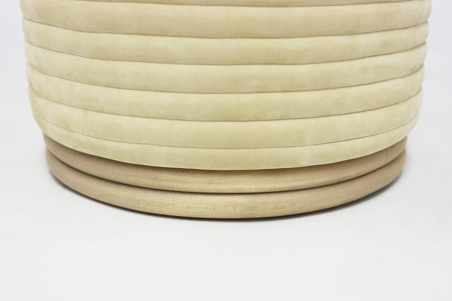 American Custom Upholstered Channeled Ottoman on Maple Wood Base with Hand Stitching For Sale