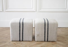 Custom Upholstered Cube Ottomans in Natural Grain Sack with Black Stripe