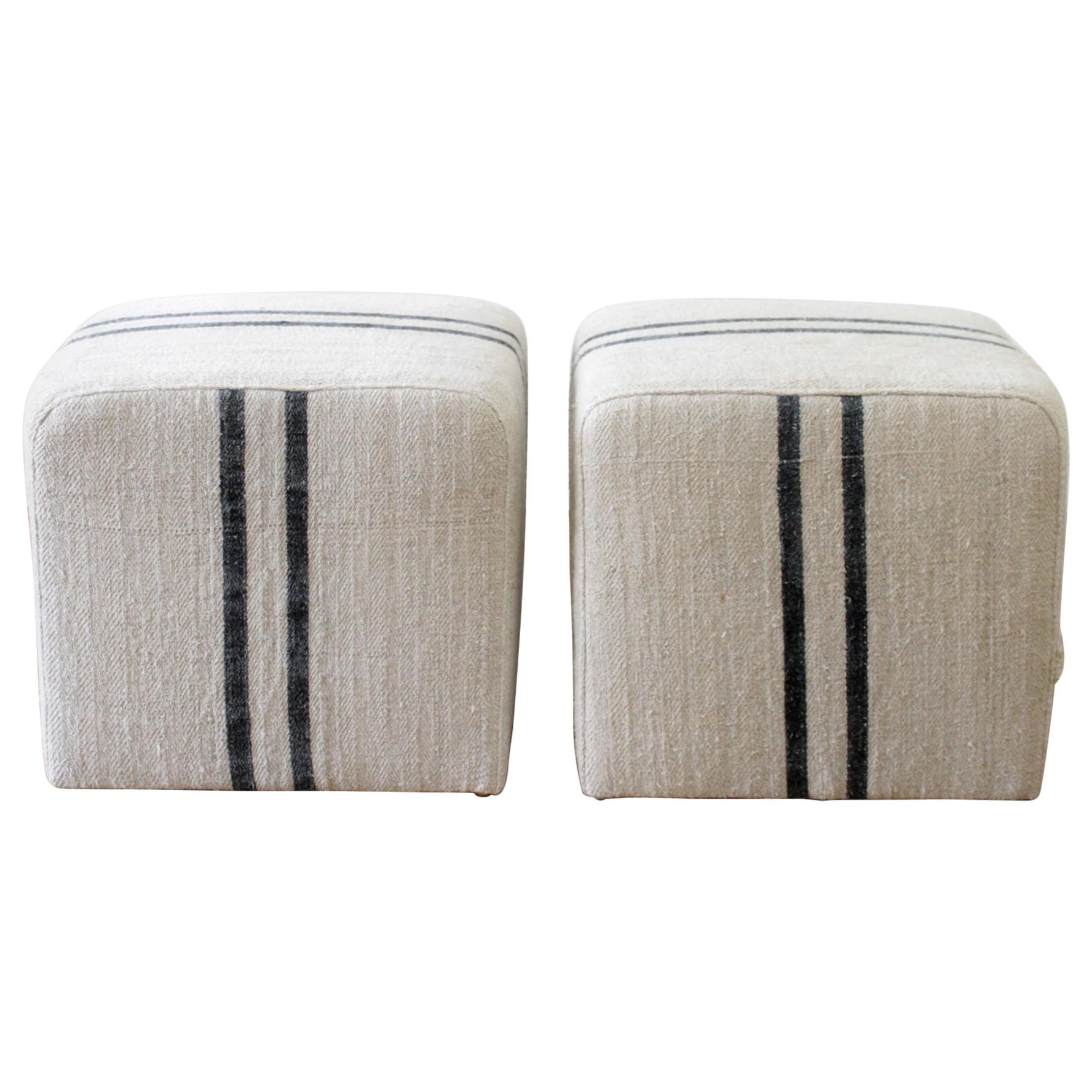 Custom Upholstered Cube Ottomans in Natural Grain Sack with Black Stripe