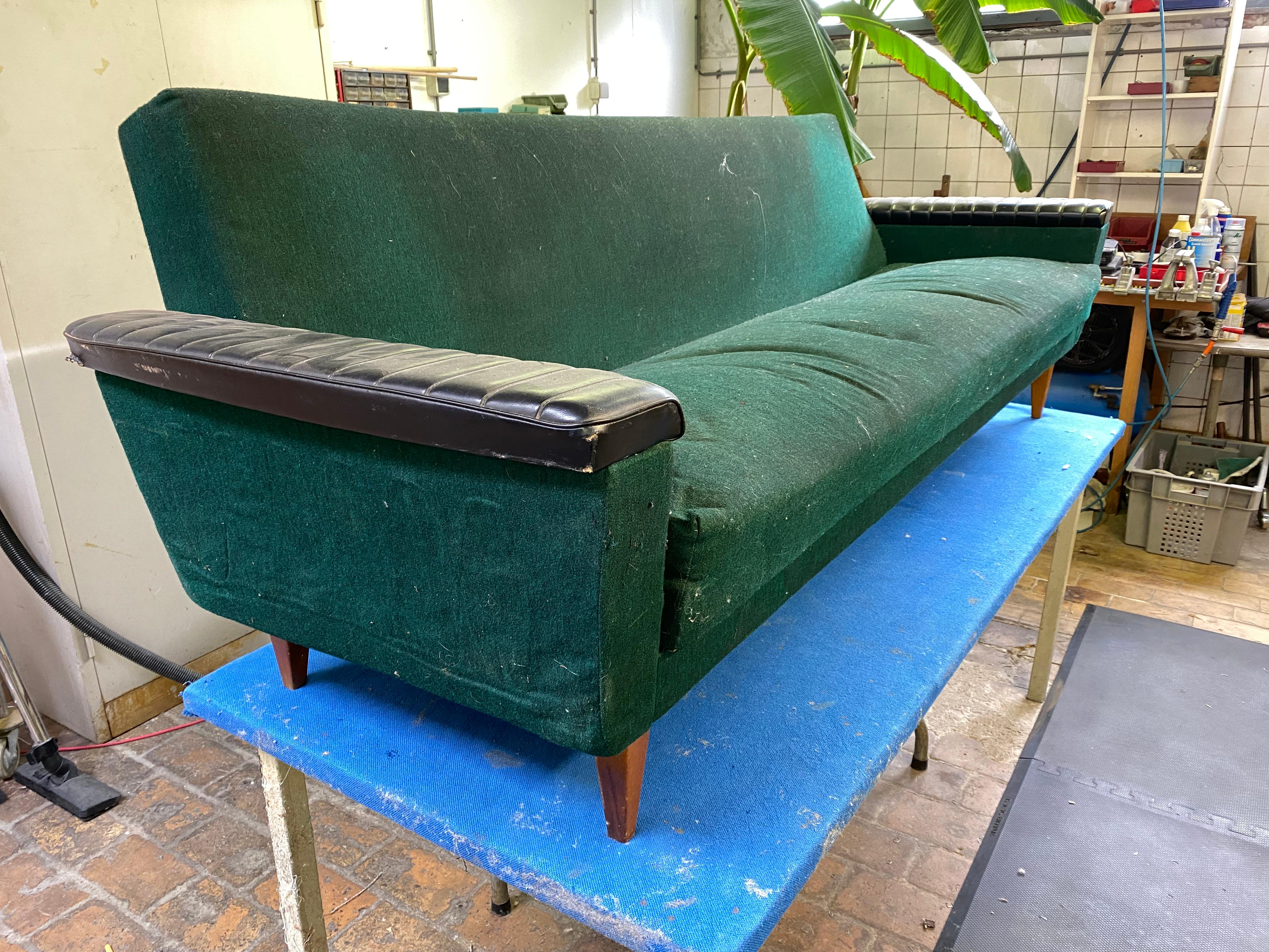 Custom Upholstered Dutch 1960's Sleeping Sofa in De Ploeg Steppe & Leather 1