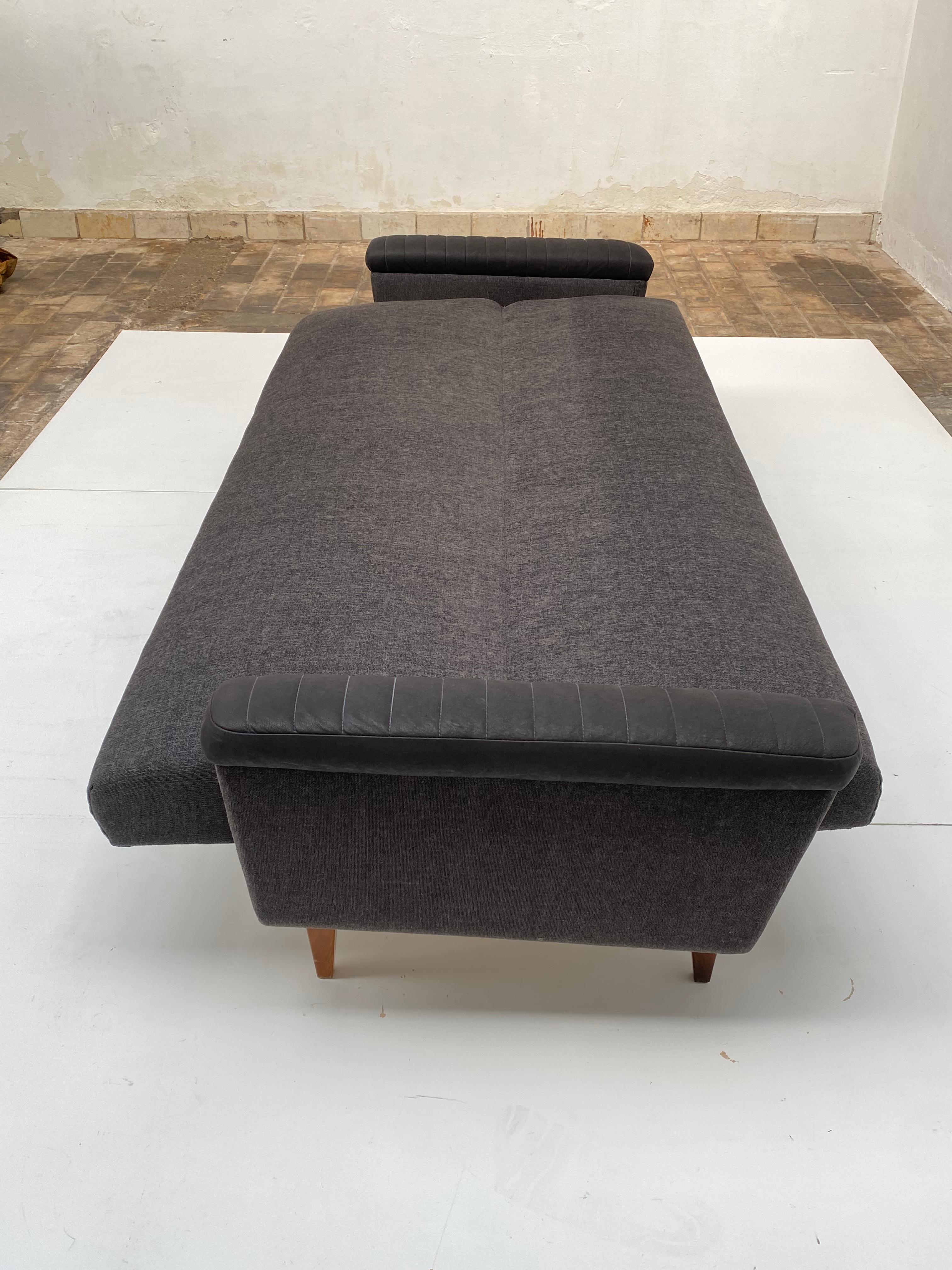 Stained Custom Upholstered Dutch 1960's Sleeping Sofa in De Ploeg Steppe & Leather