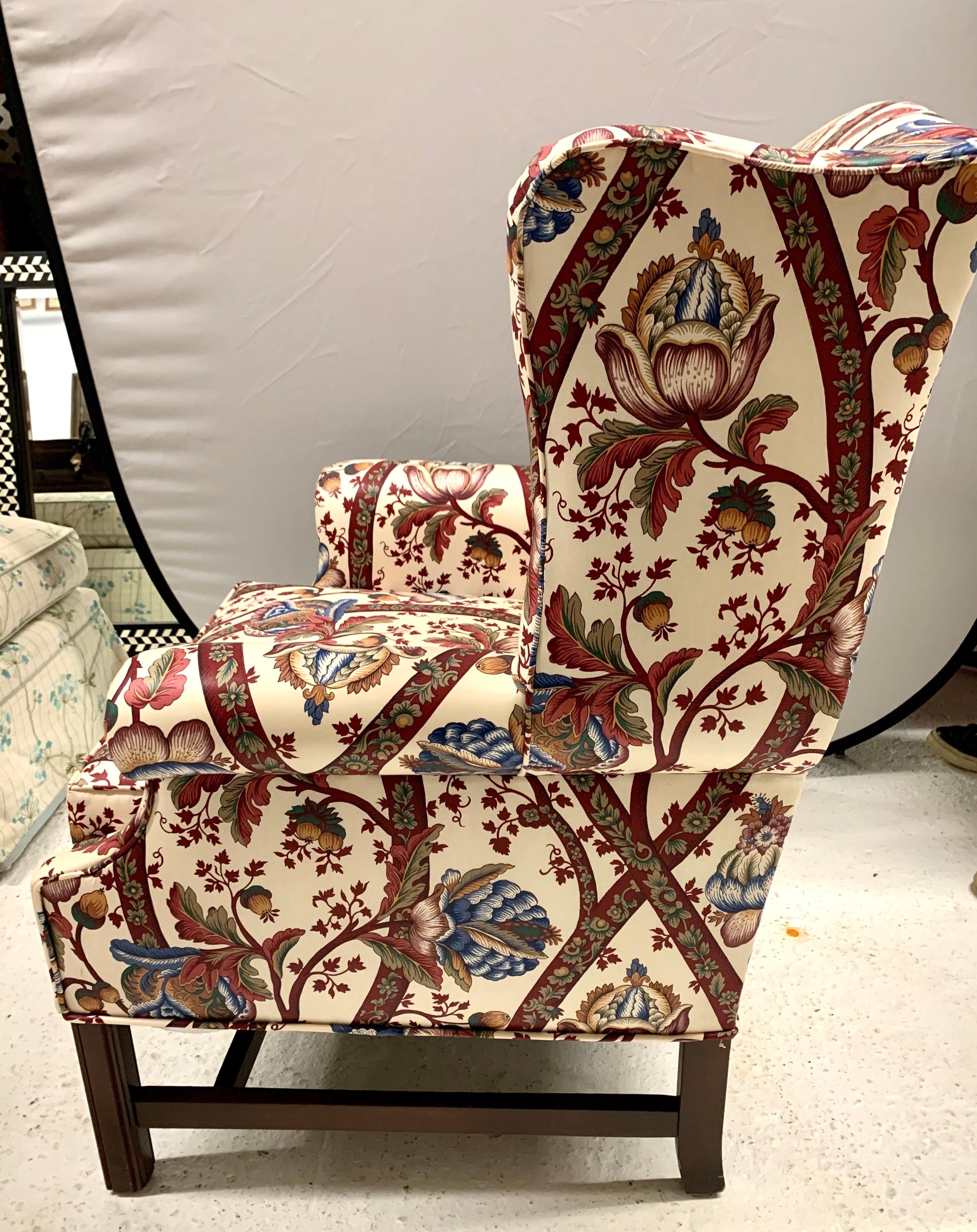 British Custom Upholstered Georgian Wingback Chair with Ottoman