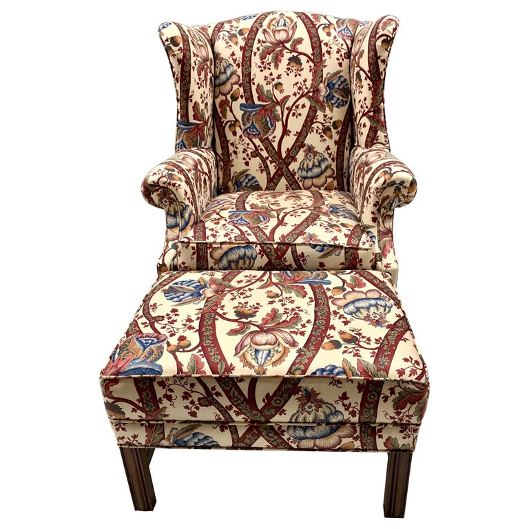 Custom Upholstered Wingback Chair with Ottoman For Sale at 1stDibs