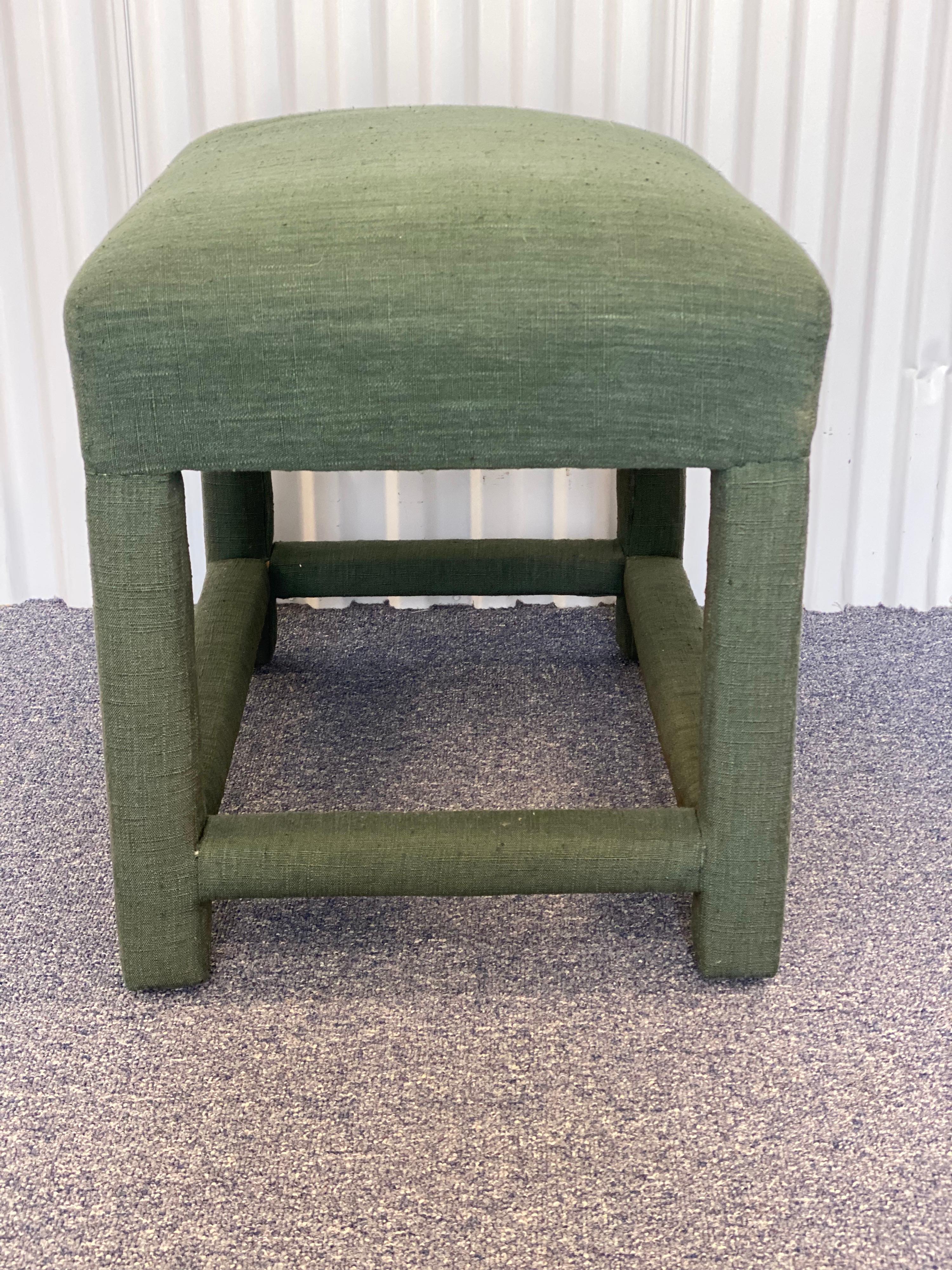 Custom Upholstered Green Linen Wrapped Stool In Good Condition For Sale In Southampton, NY