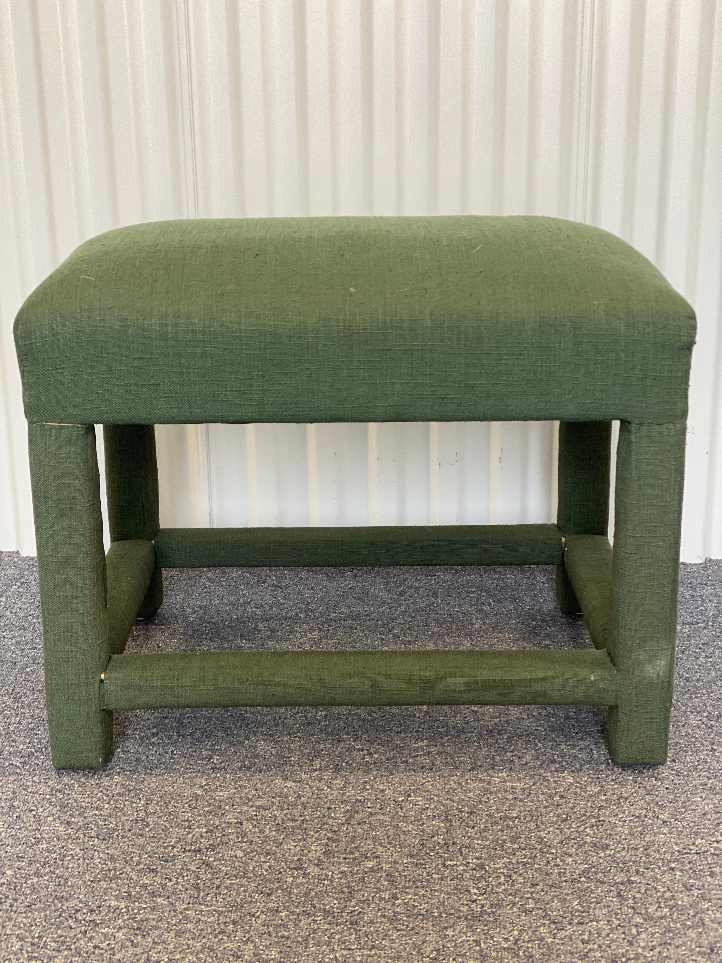 Contemporary Custom Upholstered Green Linen Wrapped Stool For Sale