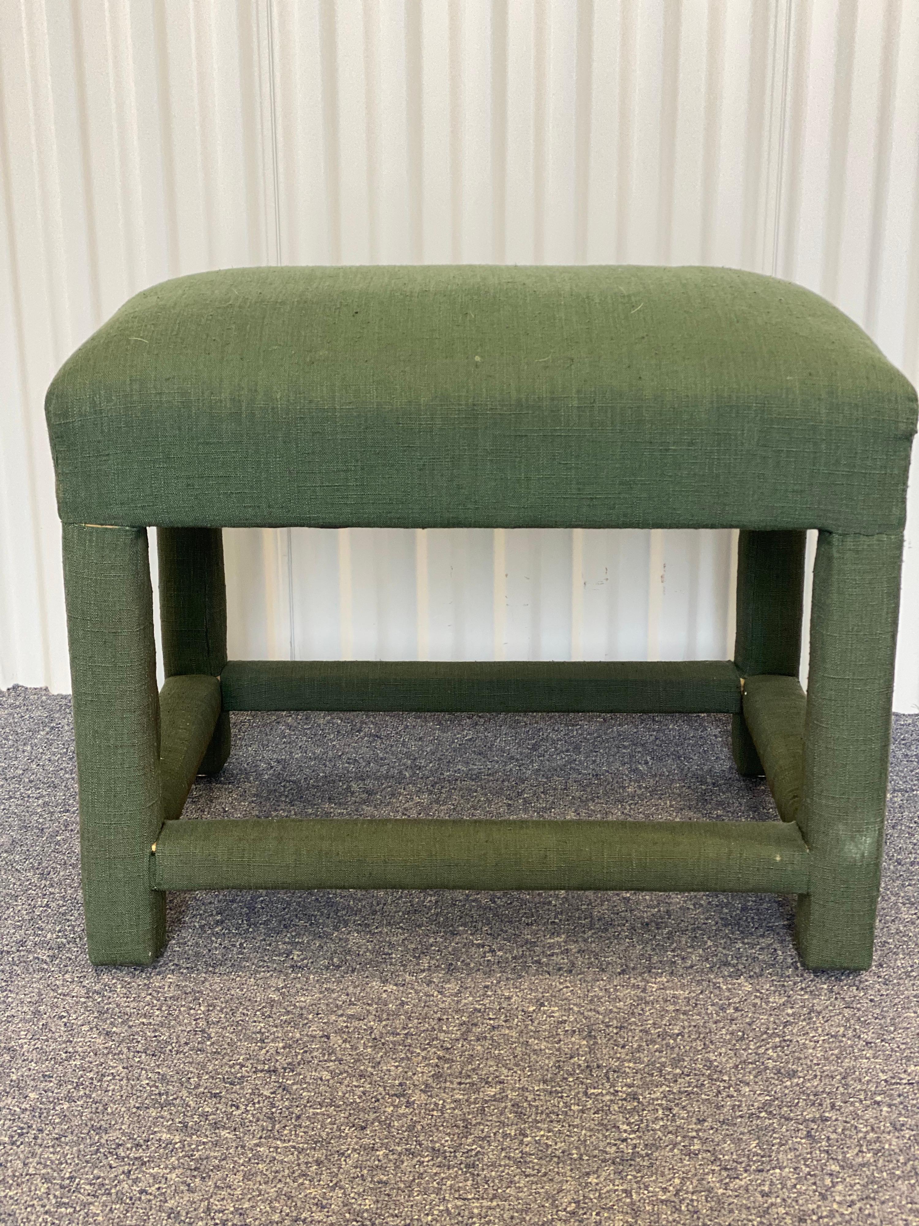 Custom Upholstered Green Linen Wrapped Stool For Sale 1