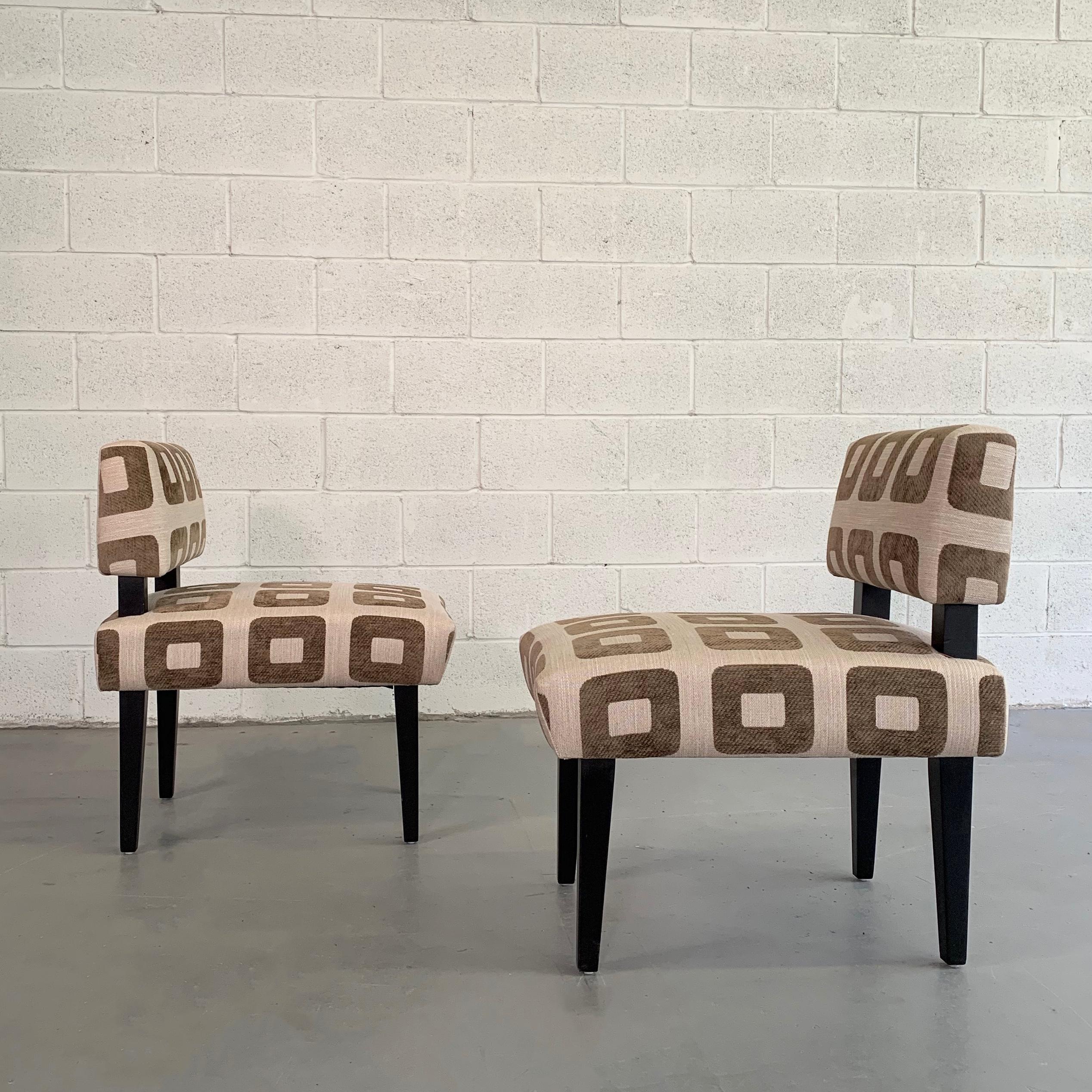 Pair of custom, square, low profile, deep, slipper chairs feature lacquered maple frames with upholstered seats and backs in a geometric chenille print.