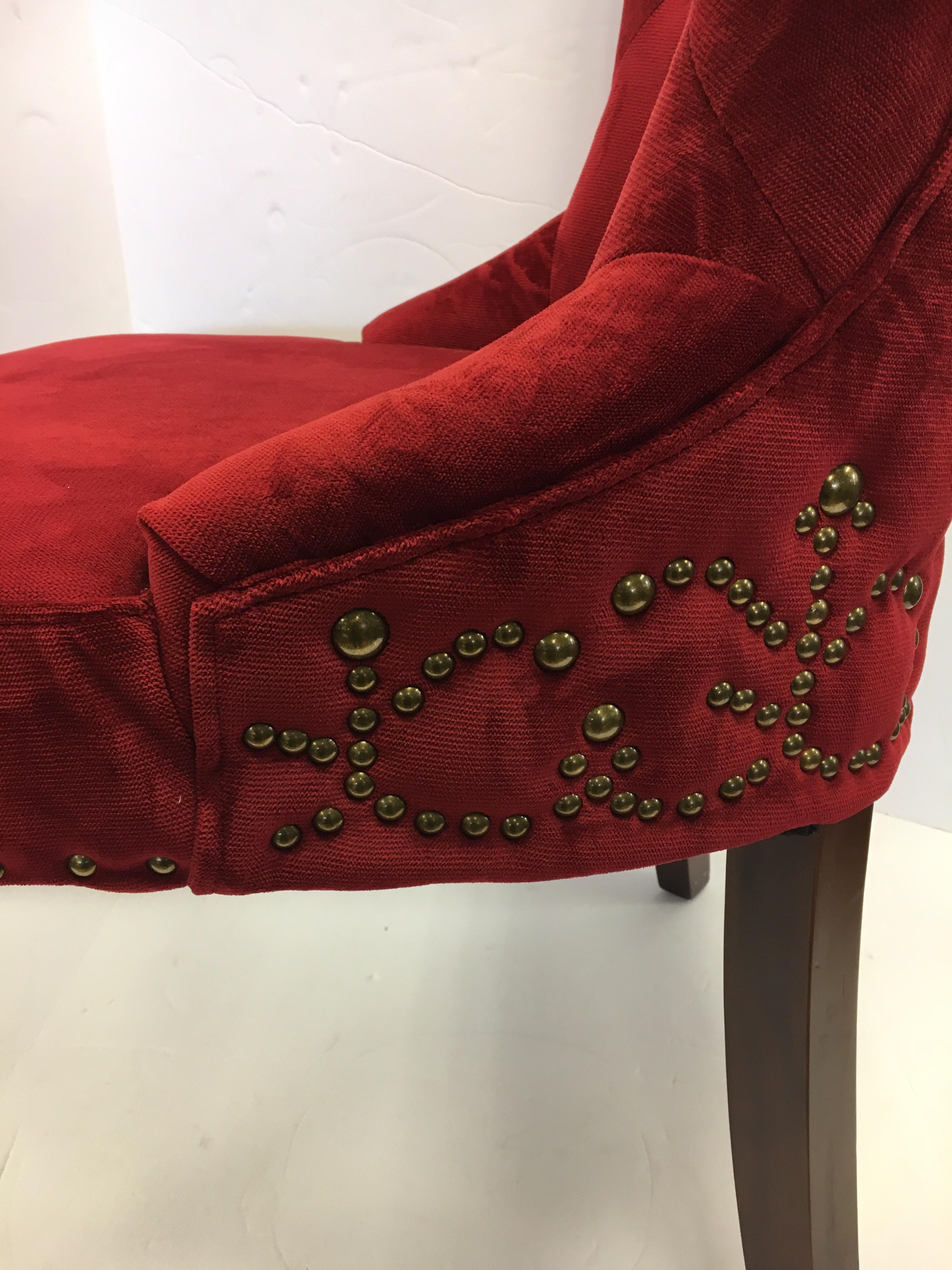 Custom Upholstered Nailhead Red Tufted Dining Chair In Good Condition In West Hartford, CT