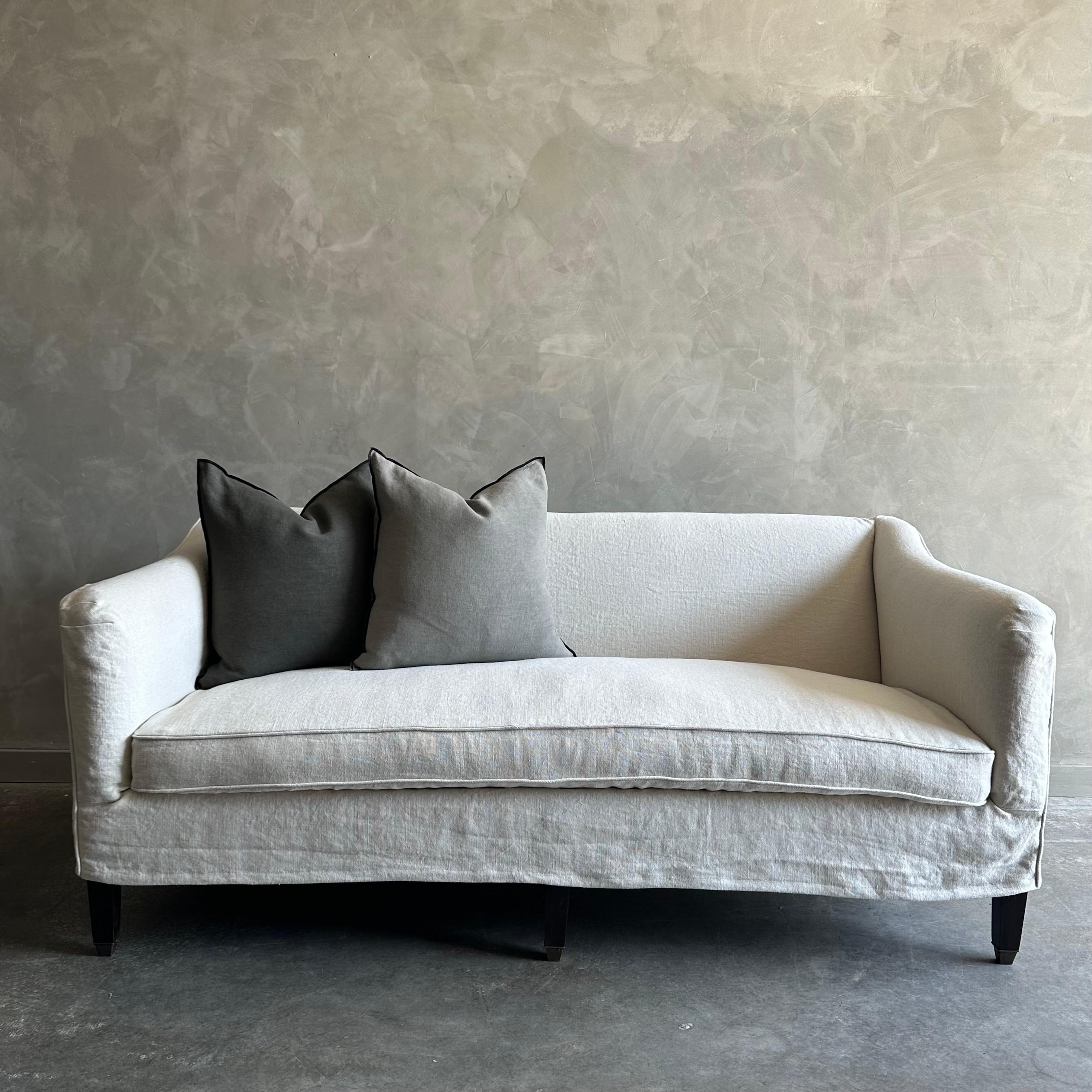 Cotton Custom Upholstered or Slip Covered Sofa in Heavy Stone Washed Belgian Linen  For Sale