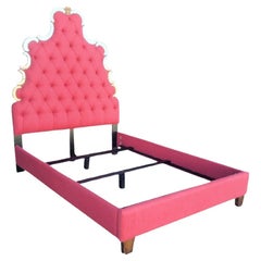 Custom Upholstered Queen Raspberry Schumacher Antique Mirrored queen bed frame