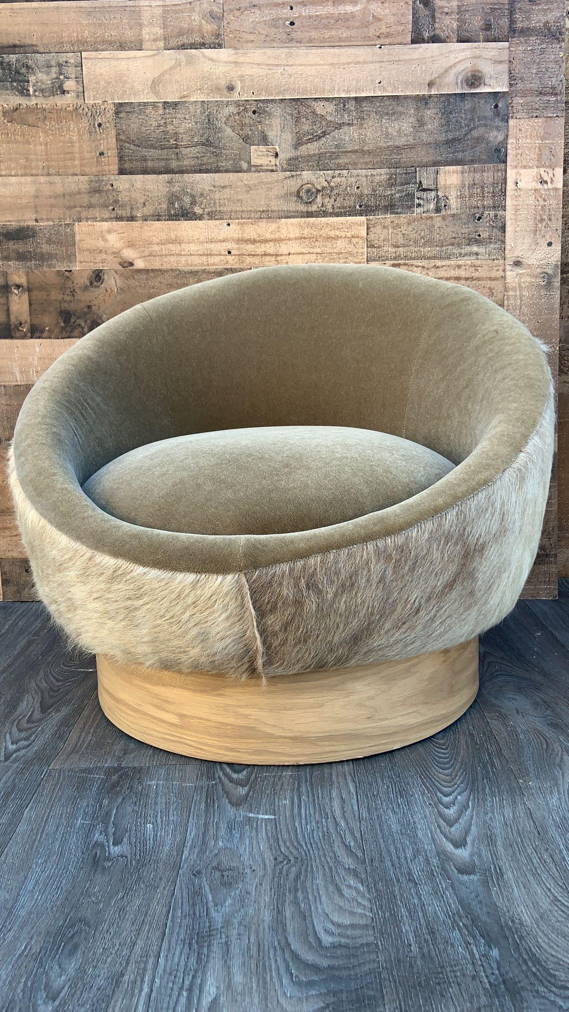 Hand-Crafted Custom Upholstered Vintage Swivel Pod Lounges in Plush Mohair & Cowhide - Pair
