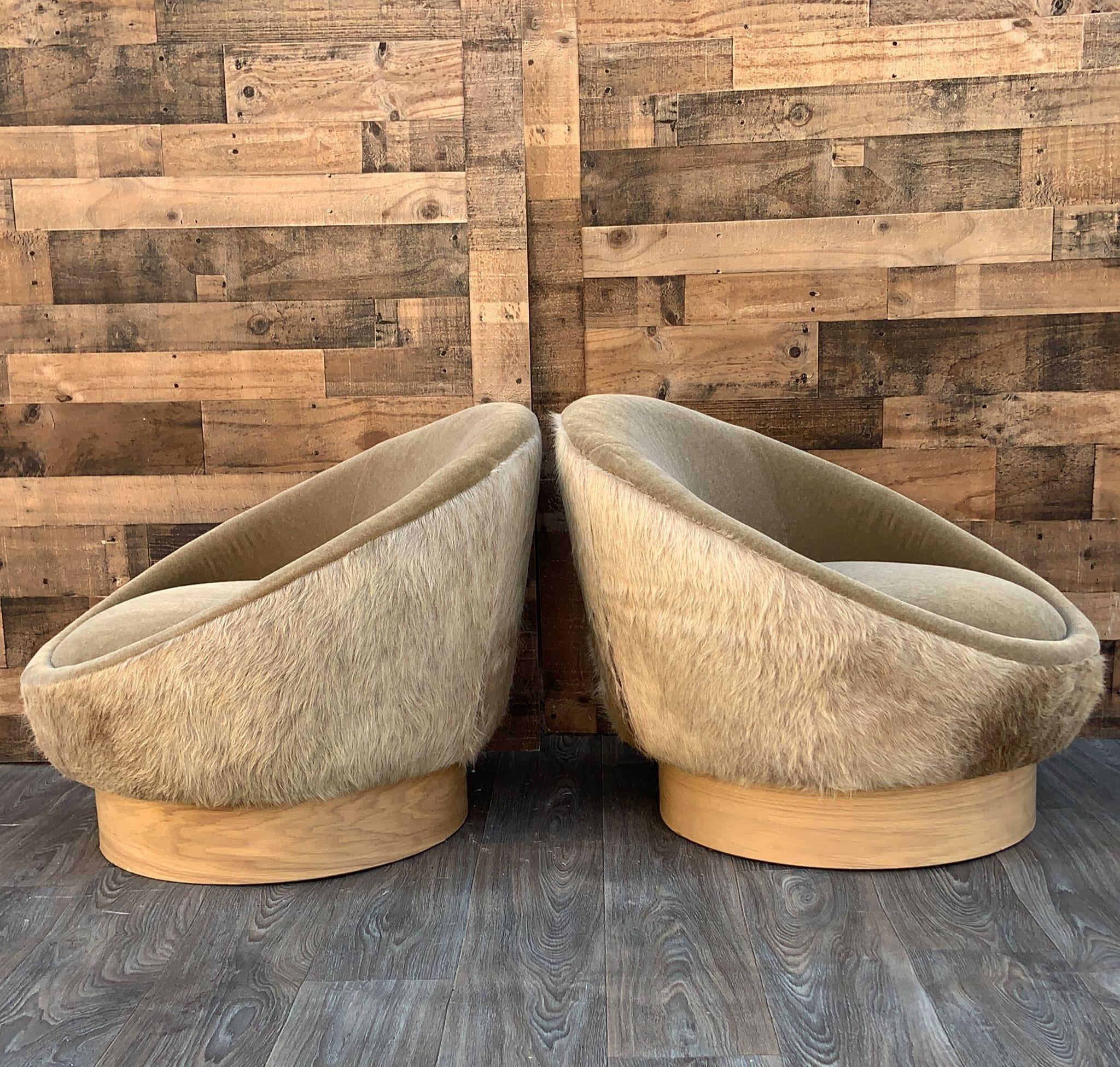 Custom Upholstered Vintage Swivel Pod Lounges in Plush Mohair & Cowhide - Pair In Good Condition In Chicago, IL