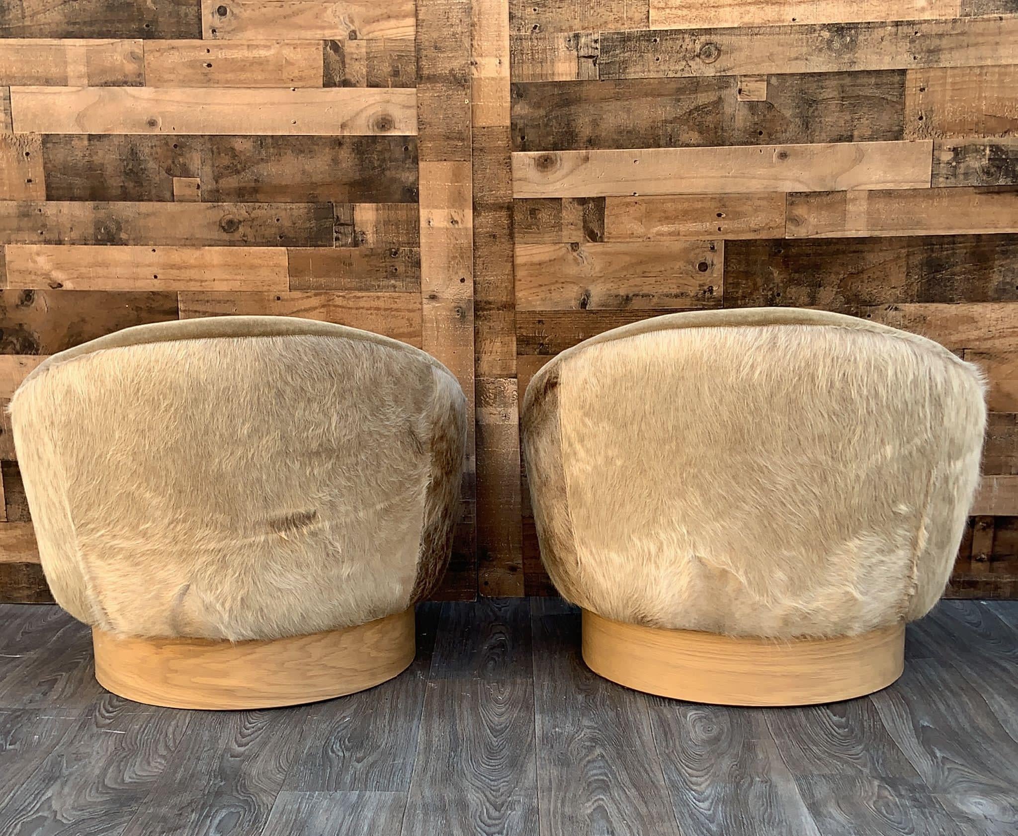 20th Century Custom Upholstered Vintage Swivel Pod Lounges in Plush Mohair & Cowhide - Pair