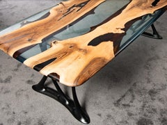 Custom Urbane Clear Epoxy Dining Table with Brass Osso Base for Shannon / Miller