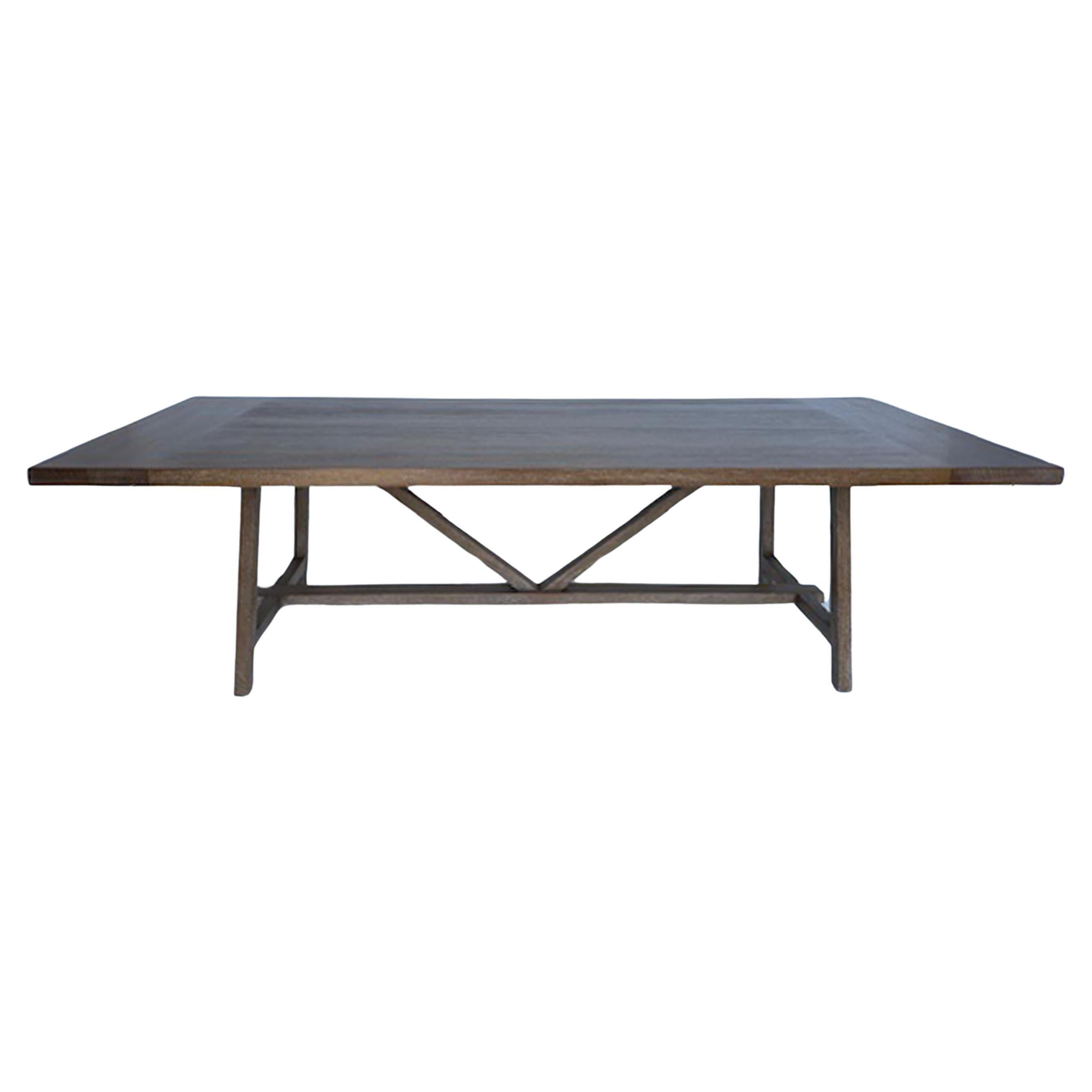 Custom V Stretcher Table In Cerused Rift Oak by Dos Gallos Studio For Sale